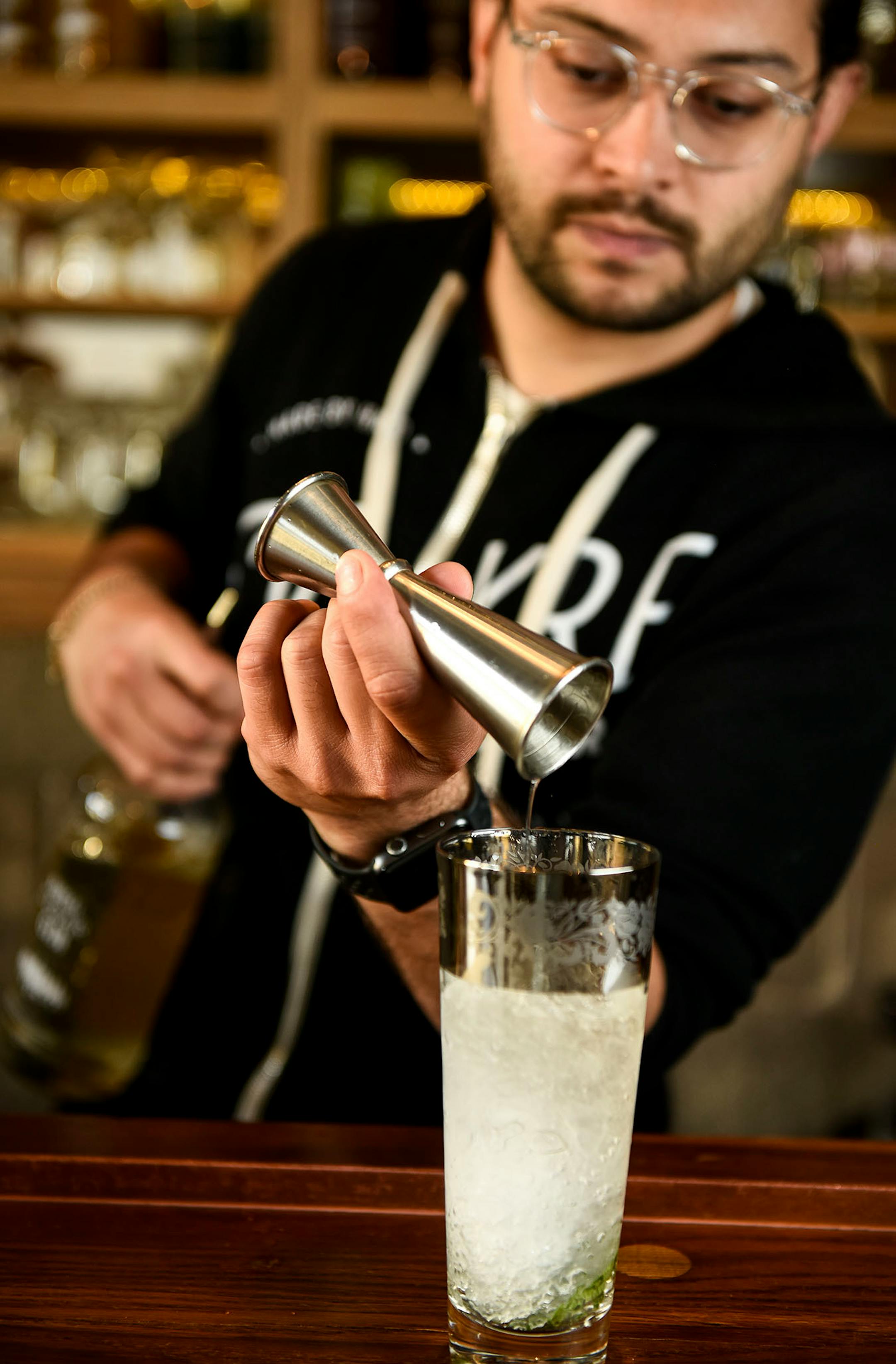 Vikre Distillery's David Moreira mixed a Pikku Swizzle made with Boreal Cedar Gin, garden liqueur, lime, mint and Angostura bitters.
