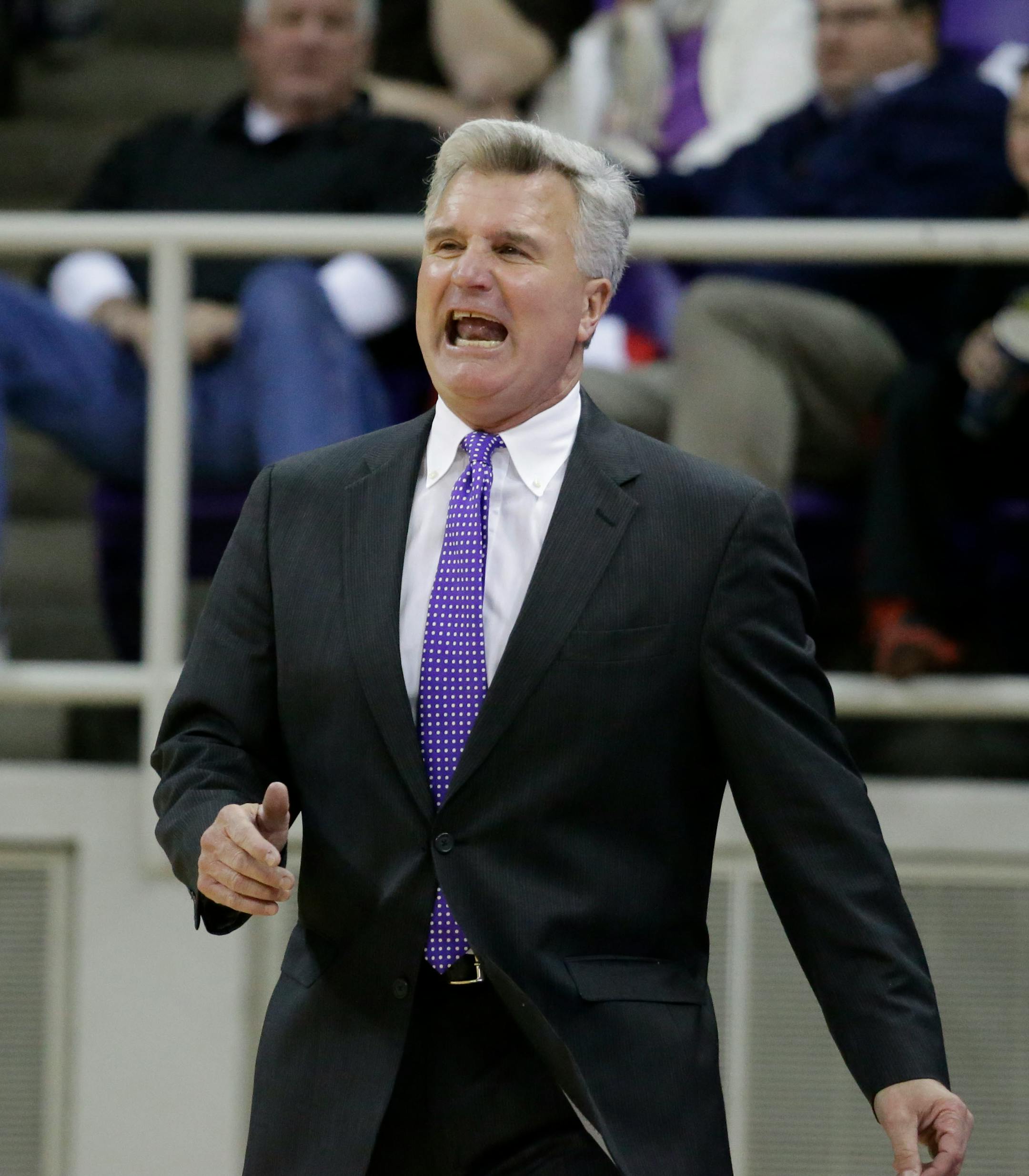 Kansas State head coach Bruce Weber yells from the sideline during the second half of an NCAA basketball game against TCU in Fort Worth, Texas, Tuesday, Jan. 7, 2014. (AP Photo/LM Otero)