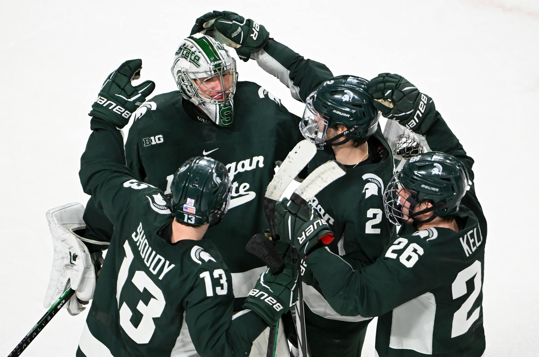 Teammates celebrate their shootout victory with Michigan St. goaltender Trey Augustine (1) after defeating Minnesota Friday, Nov. 24, 2023 at the 3M Arena at Mariucci in Minneapolis, Minn.. ] AARON LAVINSKY • aaron.lavinsky@startribune.com