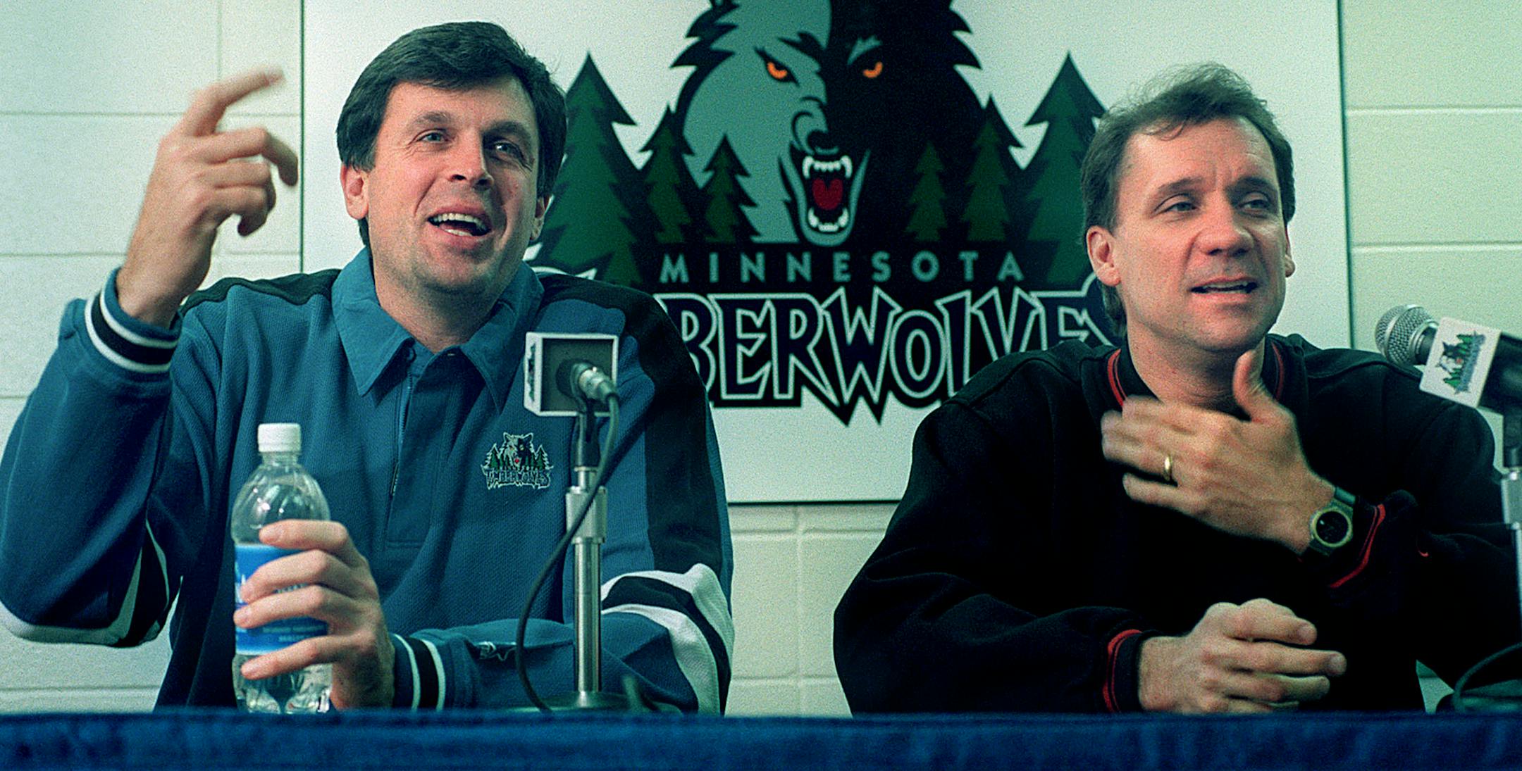 Coach Flip Saunders and Gen. Mgr. Kevin McHale hold a press conference about the new collective bargaining agreement. -- (Left to right) Minnesota Timberwolves General Manager Kevin McHale and Coach Flip Saunders hold a press conference at Target Center to talk about the new six-year collective bargaining agreement between the league and the NBA which sets the stage for the 1998-99 season. ORG XMIT: MIN2014110821030677