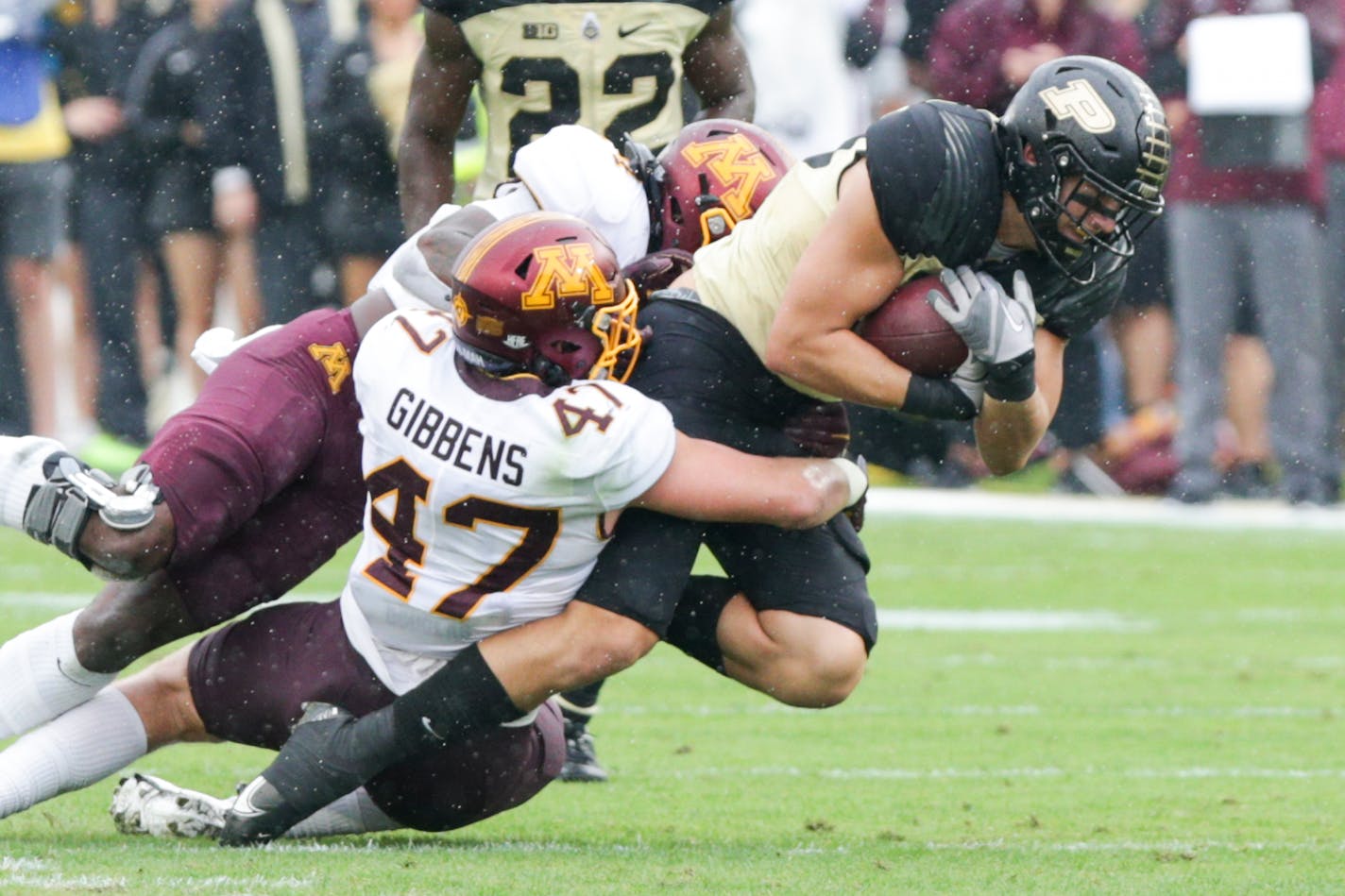 Purdue tight end Paul Piferi runs the ball against Minnesota linebacker Jack Gibbens during the first quarter