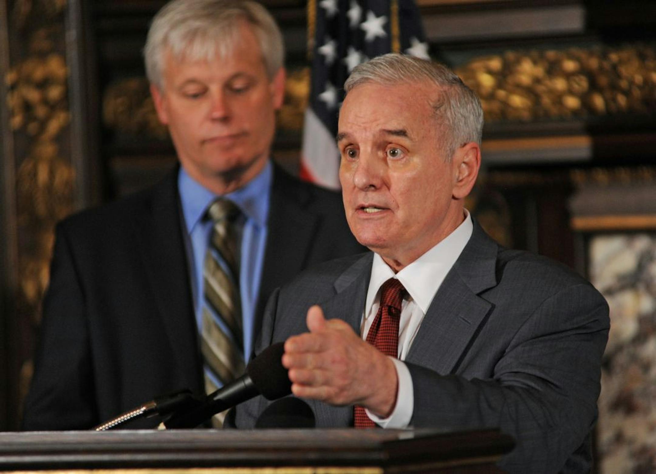 Gov. Mark Dayton and Senate Majority Leader, Tom Bakk and House Speaker Paul Thissen held a press conference in The Governors reception room to discuss the conclusion of the 2013 legislative session..Gov Mark Dayton talked about the high points of the session during the press conference.