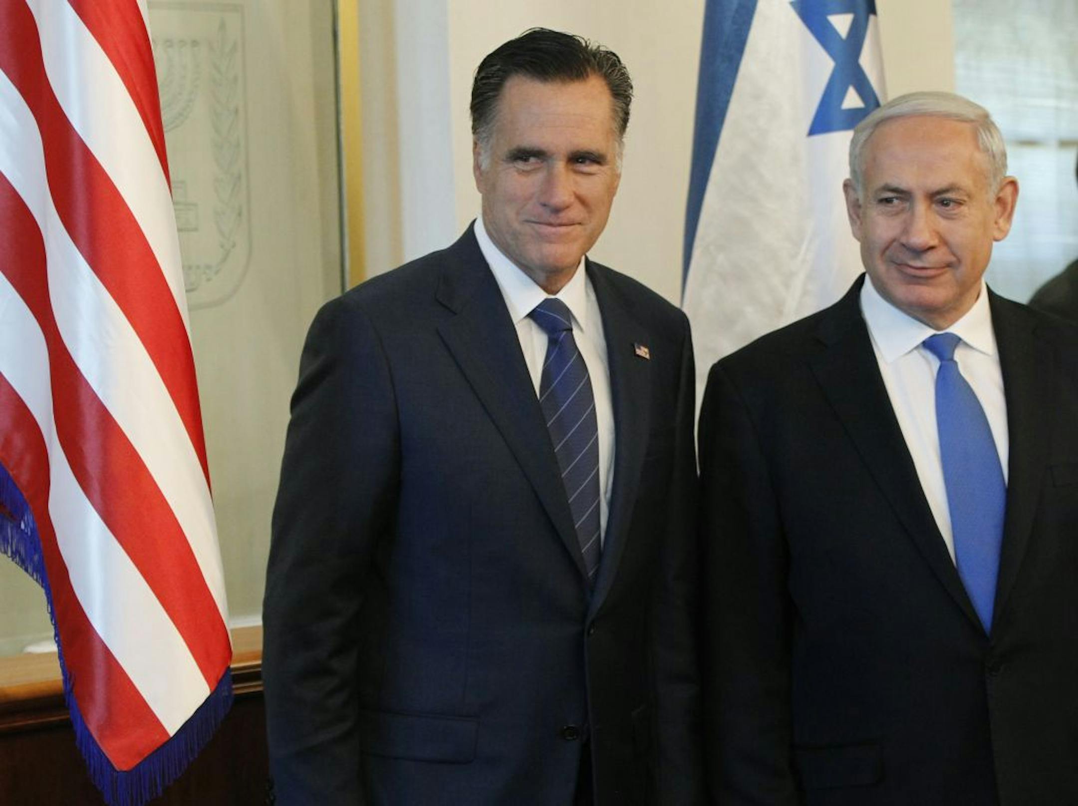 Republican presidential candidate and former Massachusetts Gov. Mitt Romney meets with Israel's Prime Minister Benjamin Netanyahu, in Jerusalem, Sunday, July 29, 2012.