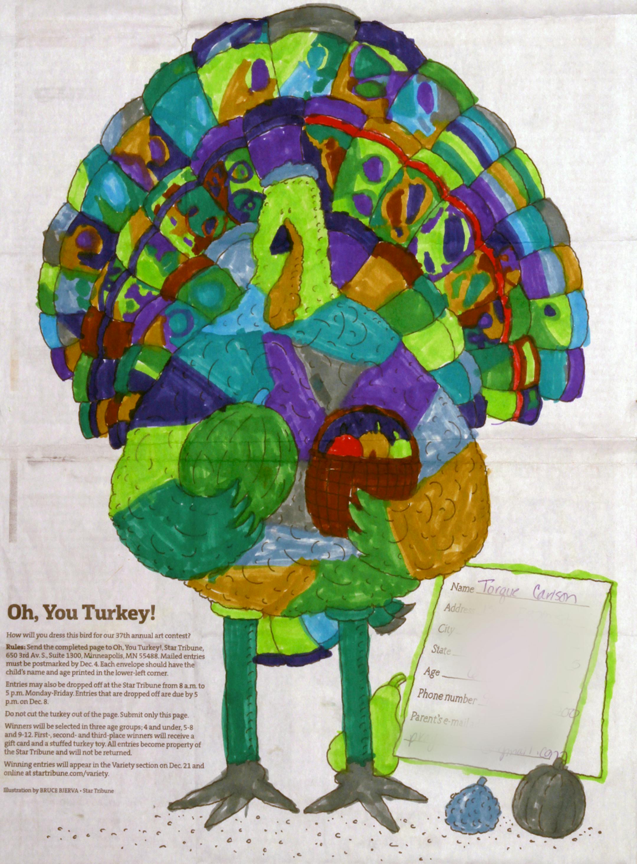 2015 'oh you turkey' winners - Torque Carlson, 6 yrs, Bloomington, MN