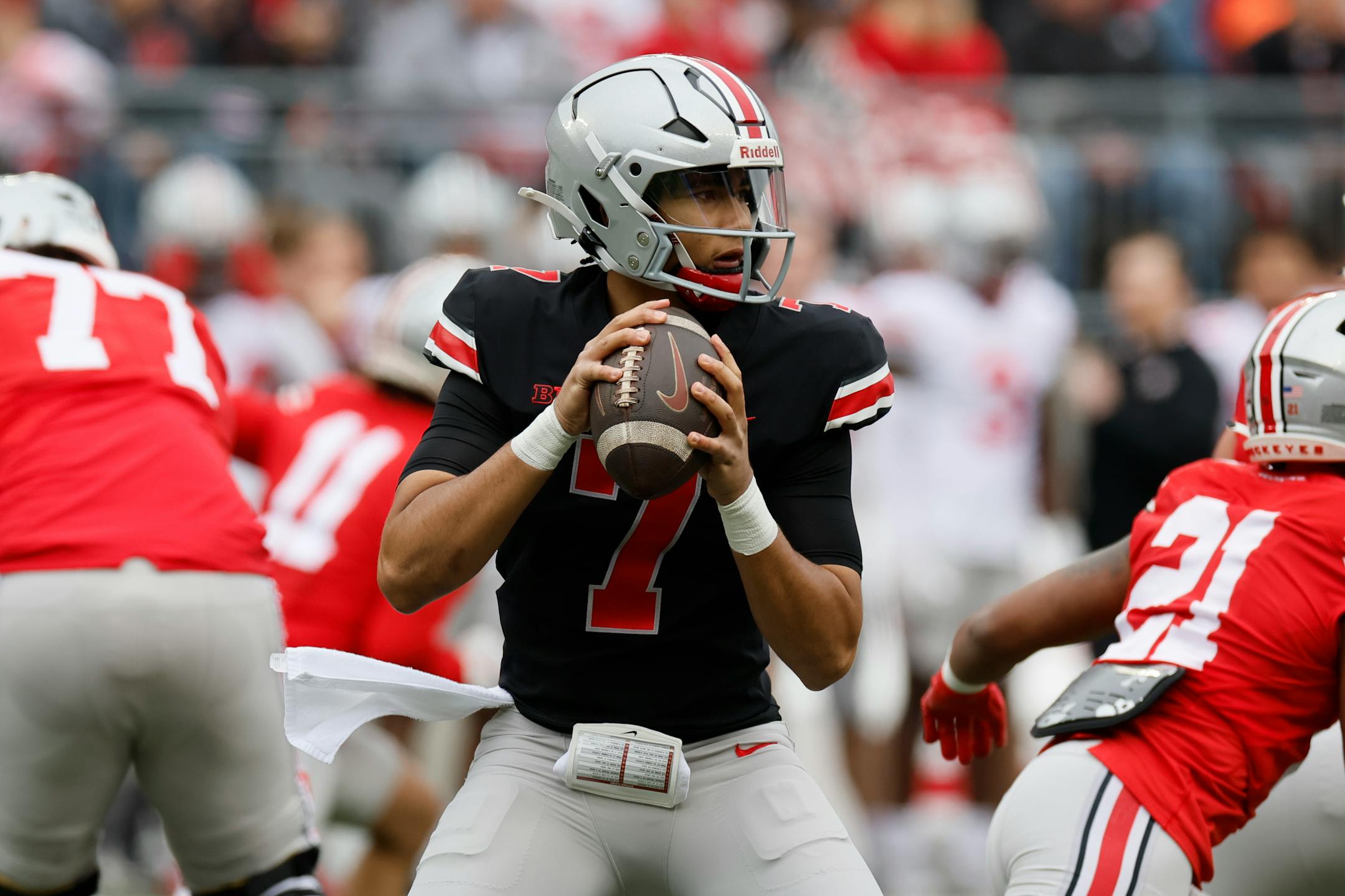 Ohio State quarterback C.J. Stroud plays in an NCAA college spring football game Saturday, April 16, 2022, in Columbus, Ohio. (AP Photo/Jay LaPrete) ORG XMIT: otk_fbc_04162022_008