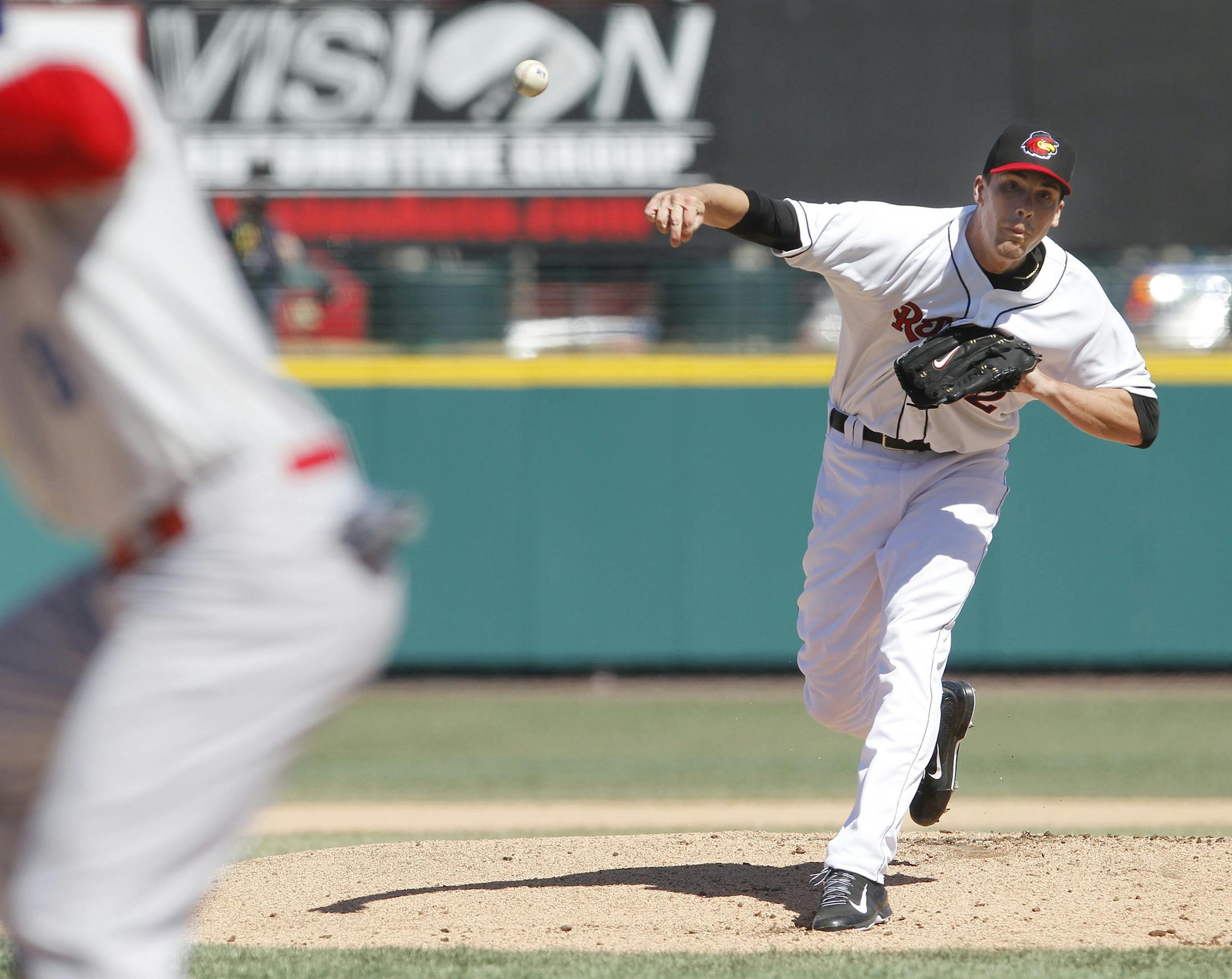 Rochester's Alex Meyer pitches during home opener baseball action between the Buffalo Bisons and the Rochester Red Wings at Frontier Field in Rochester Sunday afternoon, April 6, 2014.