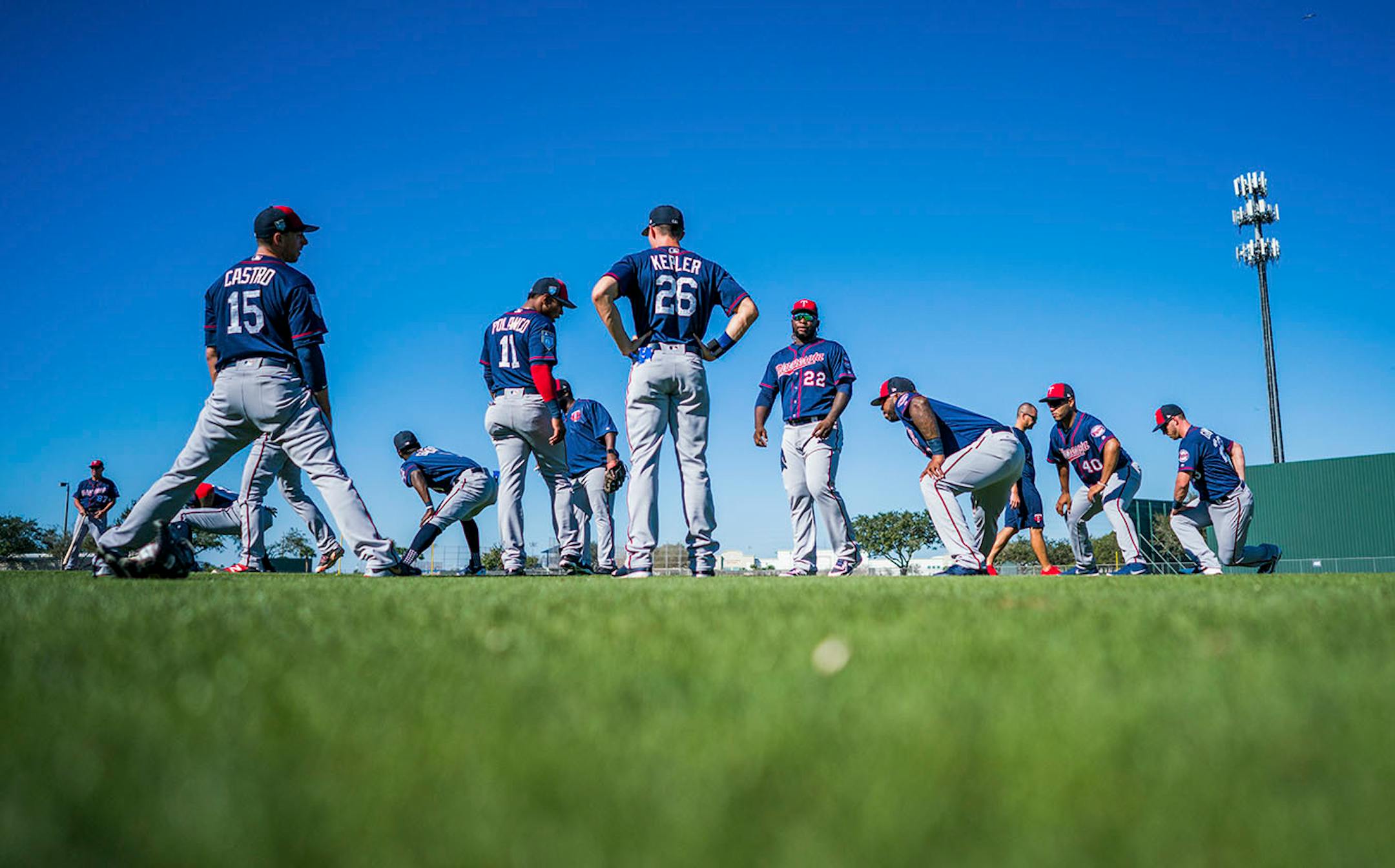 Twins players stretched before workouts.
