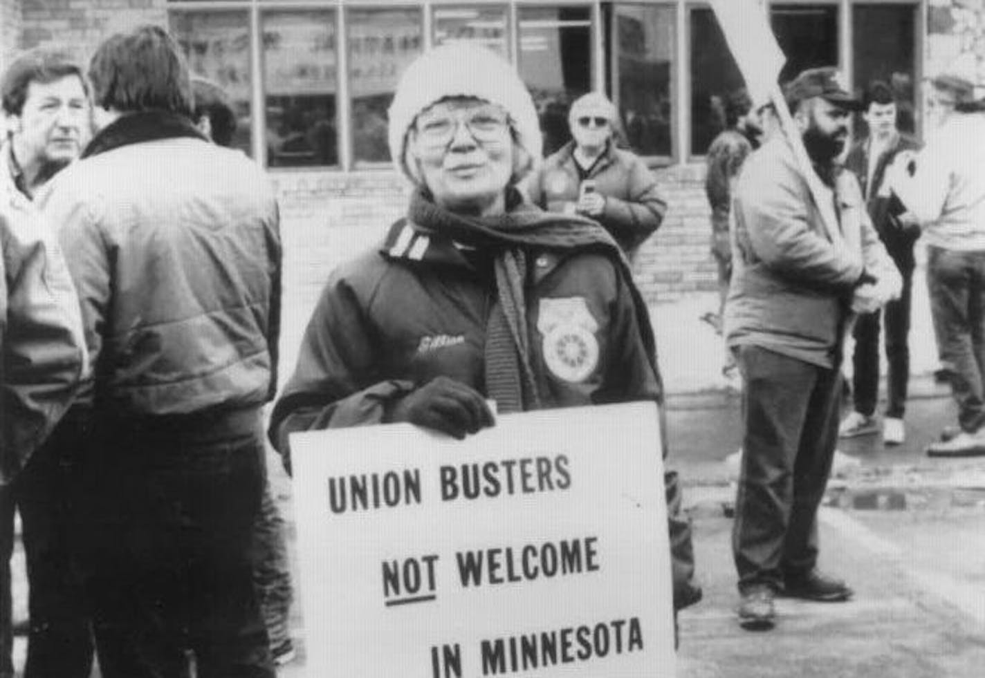 Gillian Furst protests outside in downtown MInneapolis in 1989.