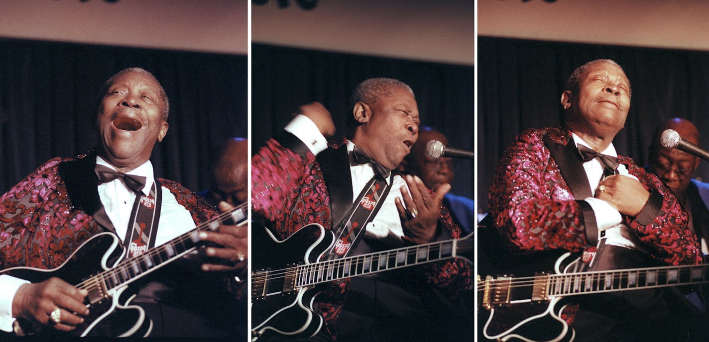 FILE-- A three-photo combination of B.B. King performing at the Blue Note in New York, Jan. 21, 1999. King, whose world-weary voice and wailing guitar lifted him from the cotton fields of Mississippi to a global stage and the apex of American blues, died May 14, 2015, in Las Vegas. He was 89.