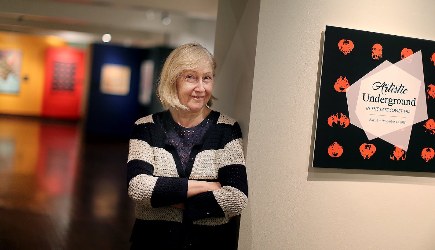 The Museum of Russian Art Curator Masha Zavialova stood before the "Artistic Underground," exhibit, Friday, August 19, 2016 in Minneapolis, MN. After Stalin's death in 1953, Soviet-era Russian artists operated in a strange, wary era when personal expression was forbidden and they were under near constant surveillance by KGB minders. Still they made art and showed it to friends and followers in sometimes clandestine circumstances as part of an "Artistic Underground," 20 members of which are featu