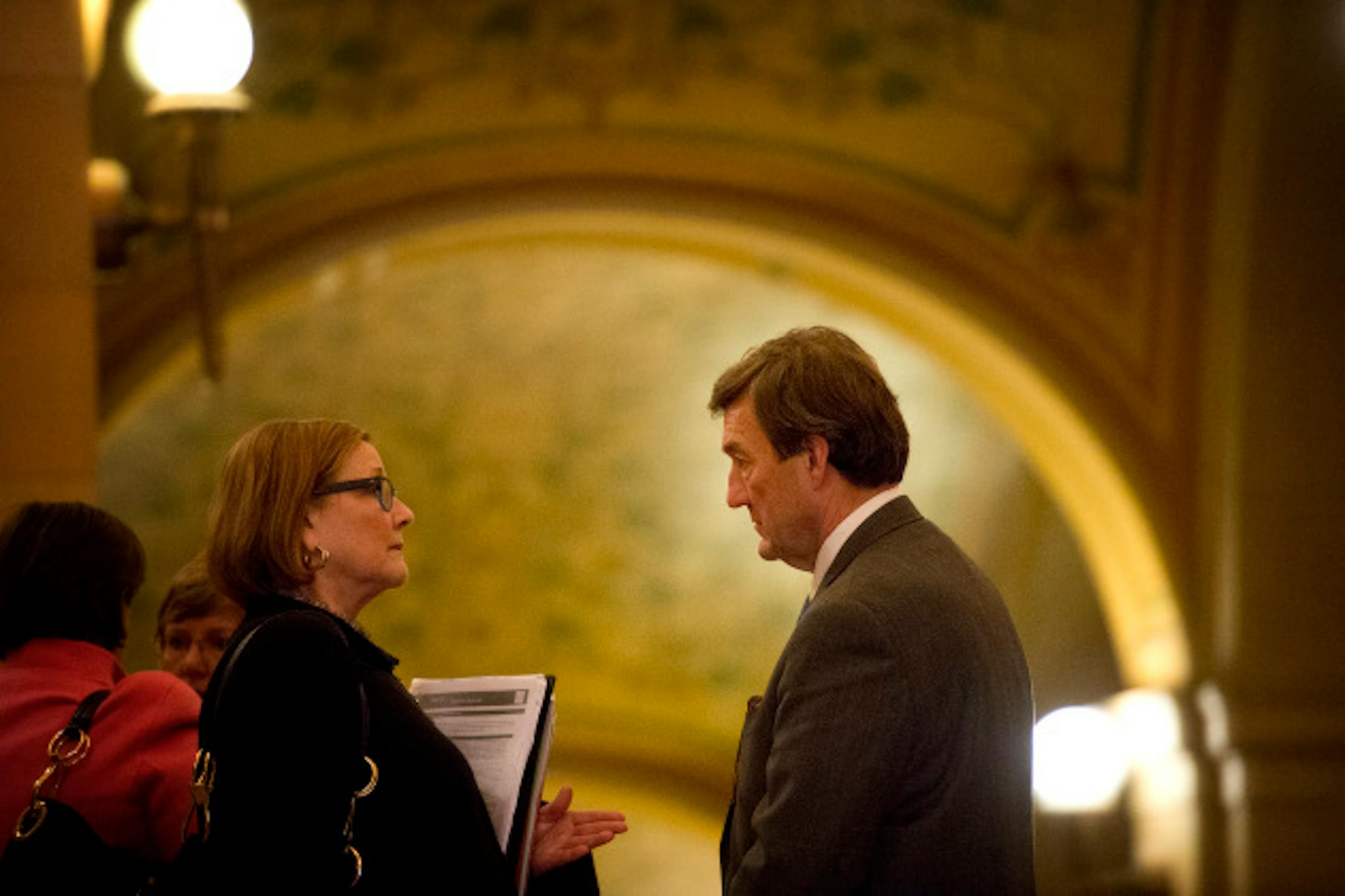 Kathleen Harrington, head of government relations for Mayo and Mayo president and CEO John Noseworthy talked outside the governor's office after a news conference where they were asked a lot of financial questions about the expansion.  they were not prepared to answer.   Governor Mark Dayton and Mayo Clinic president and CEO John Noseworthy announced plans for Destination Medical Center, a $5 billion expansion project in Rochester, Minnesota, Wednesday, January 30, 2013     ]   GLEN STUBBE * gstubbe@startribune.com