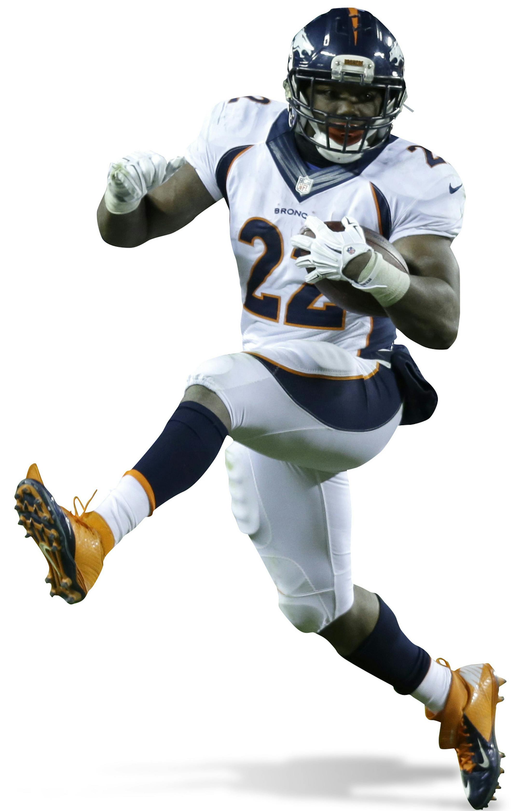 Denver Broncos running back C.J. Anderson (22) runs past Kansas City Chiefs outside linebacker Justin Houston (50) in the first half of an NFL football game in Kansas City, Mo., Sunday, Nov. 30, 2014. (AP Photo/Ed Zurga) ORG XMIT: MONH127