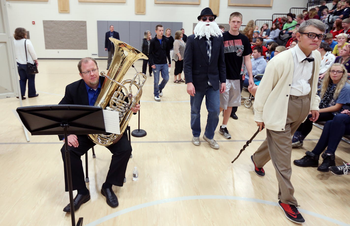 Steven Campbell tuba player in the brass quintet looked on as students from Park Audubon High School entered the gym for a concert on grandparent&#xed;s day at the school Thursday September 24, 2015 in Lake Park, MN. ] This is the fifth year the Orchestra has descended upon a Minnesota town with a week of residencies, presentations, workshops and concerts that conclude with a major show Saturday. Common Chords is a way for the orchestra to promote classical music and also to leverage foundation