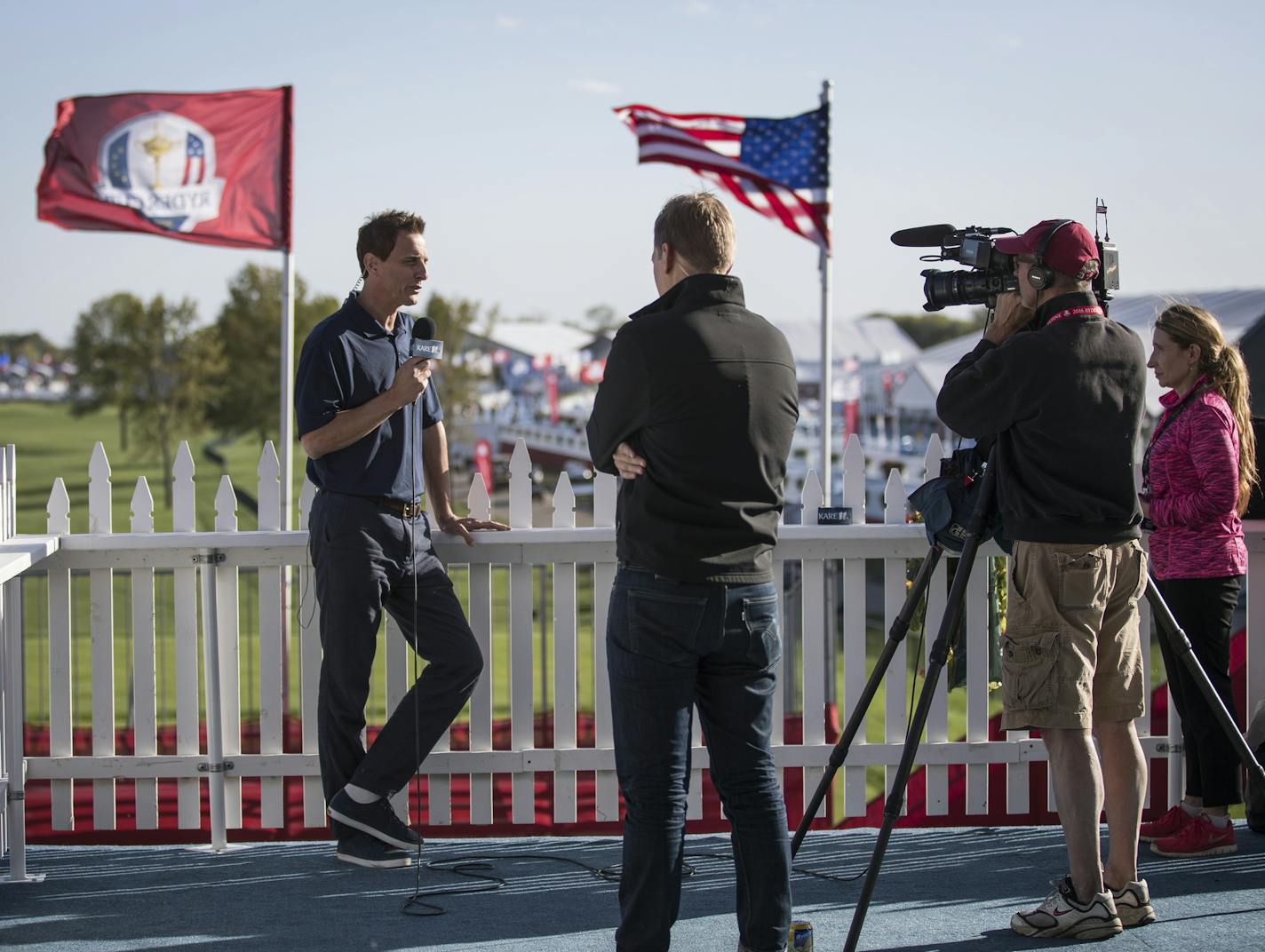 Eric Perkins of KARE 11 does a live report from the media center at Hazeltine National Golf Club in Chaska. ] (Leila Navidi/Star Tribune) leila.navidi@startribune.com BACKGROUND INFORMATION: Media coverage of the 2016 Ryder Cup at Hazeltine National Golf Club in Chaska on Monday, September 26, 2106.