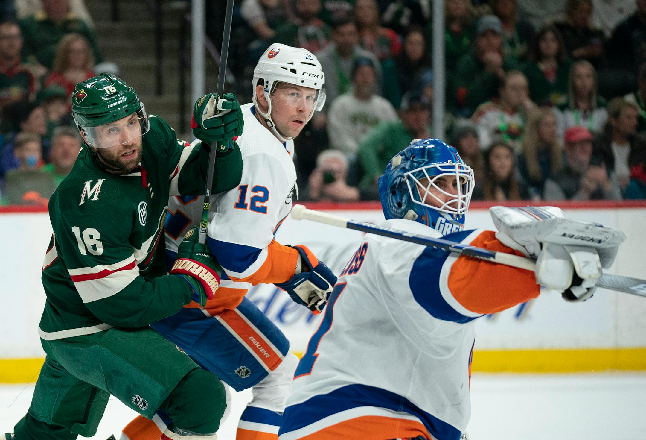 Left winger Jason Zucker (16) and Wild, coming off a 3-2 overtime loss to the New York Islanders on Sunday, have to regroup in the Western Conference playoff chase and face Colorado at Xcel Energy Center on Tuesday.