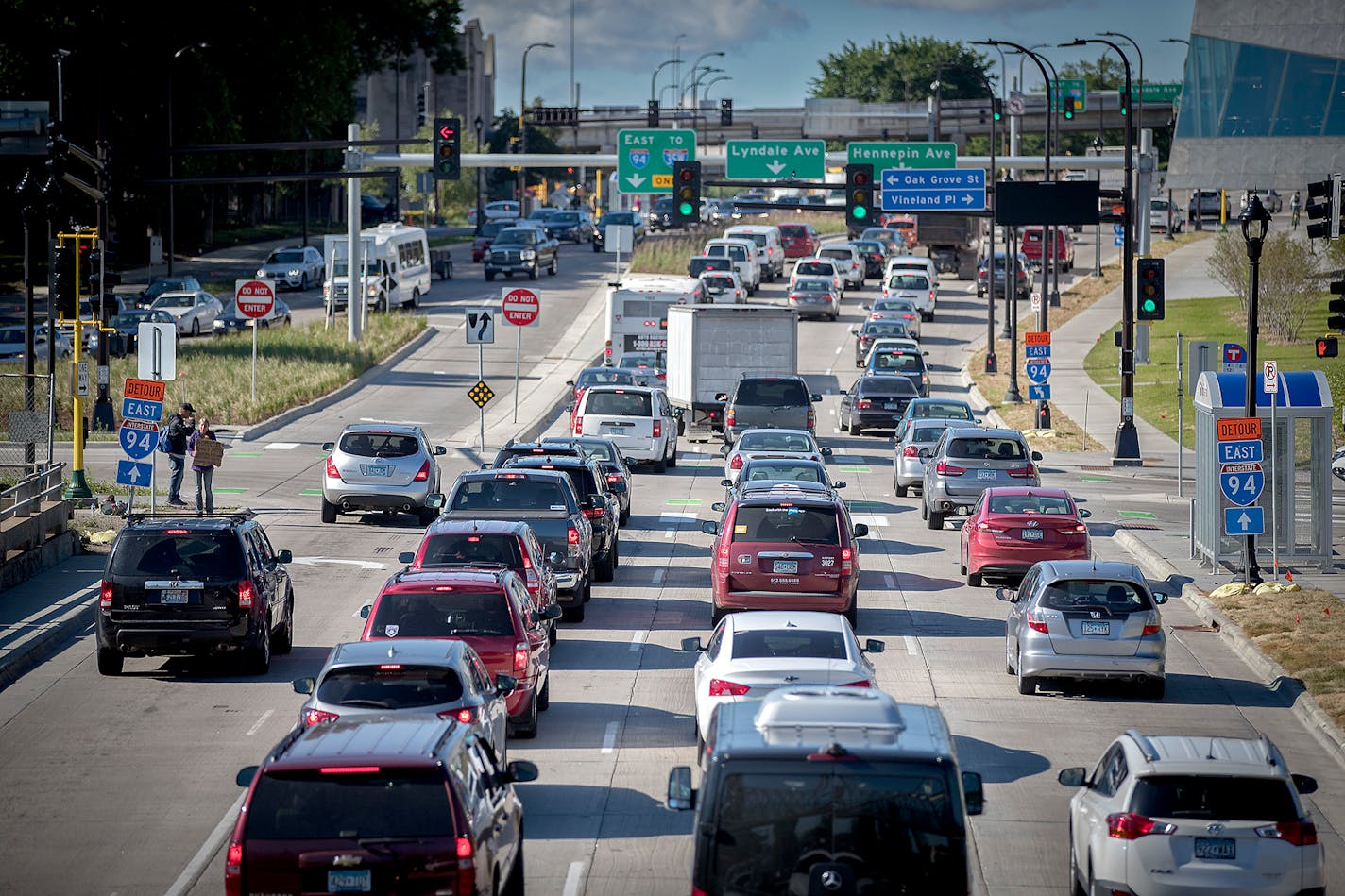 Traffic jammed near the Walker Art Museum as construction crew worked on the interstate leading into the Lowry Hill tunnel, Monday, June 26, 2017 in downtown Minneapolis.