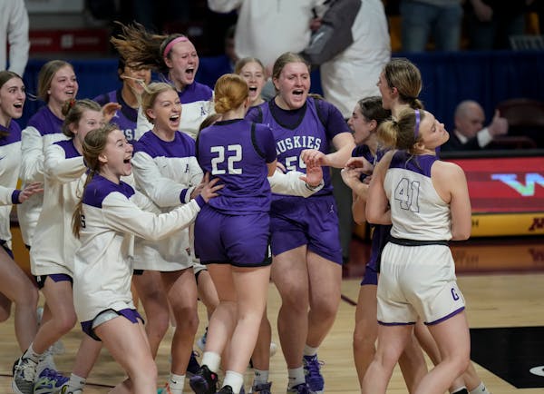 Albany teammates celebrate their win against Goodhue.