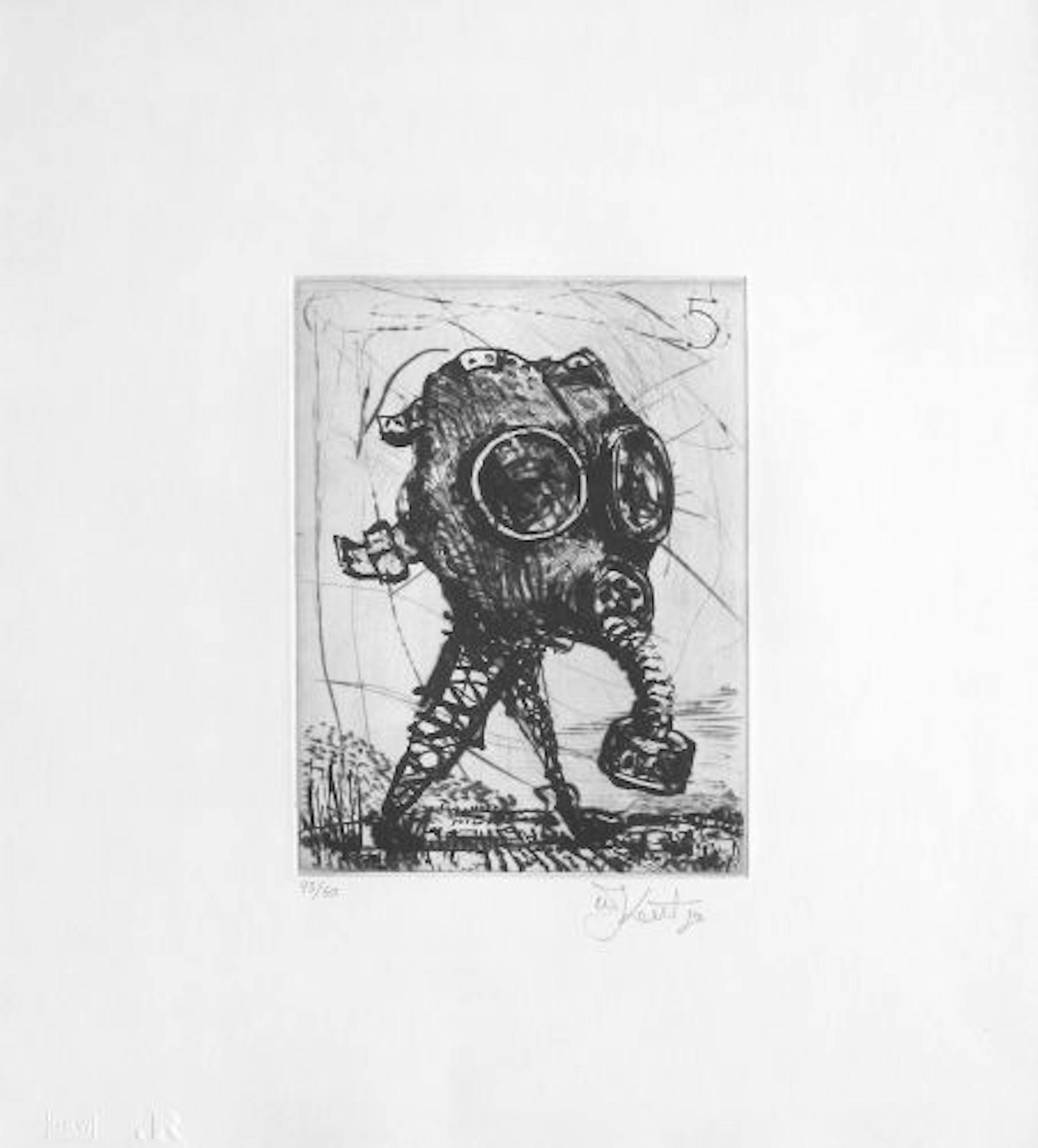 A mechanical man wears an elephantine gas mask in William Kentridge's "Mal d'Africa," aquatint and etching.