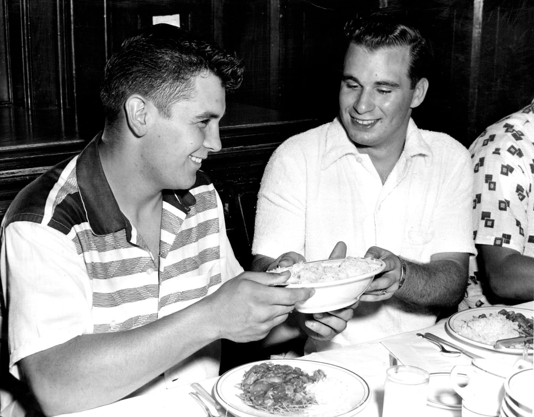 Marshall Levin (right) was the 1954 winner at North High in Minneapolis. Heís shown at the training table before the North-South Minnesota high school all-star football game. CREDIT: Star Tribune file August 25, 1955 Energy Builders - Jim Hastings of Roosevelt, left, and Marshall Levin of North obviously are enjoying themselves in this phase of training for the North-South All-Star high school football game to be played Wednesday at Parade stadium. The husky gridders are fast gaining a repu