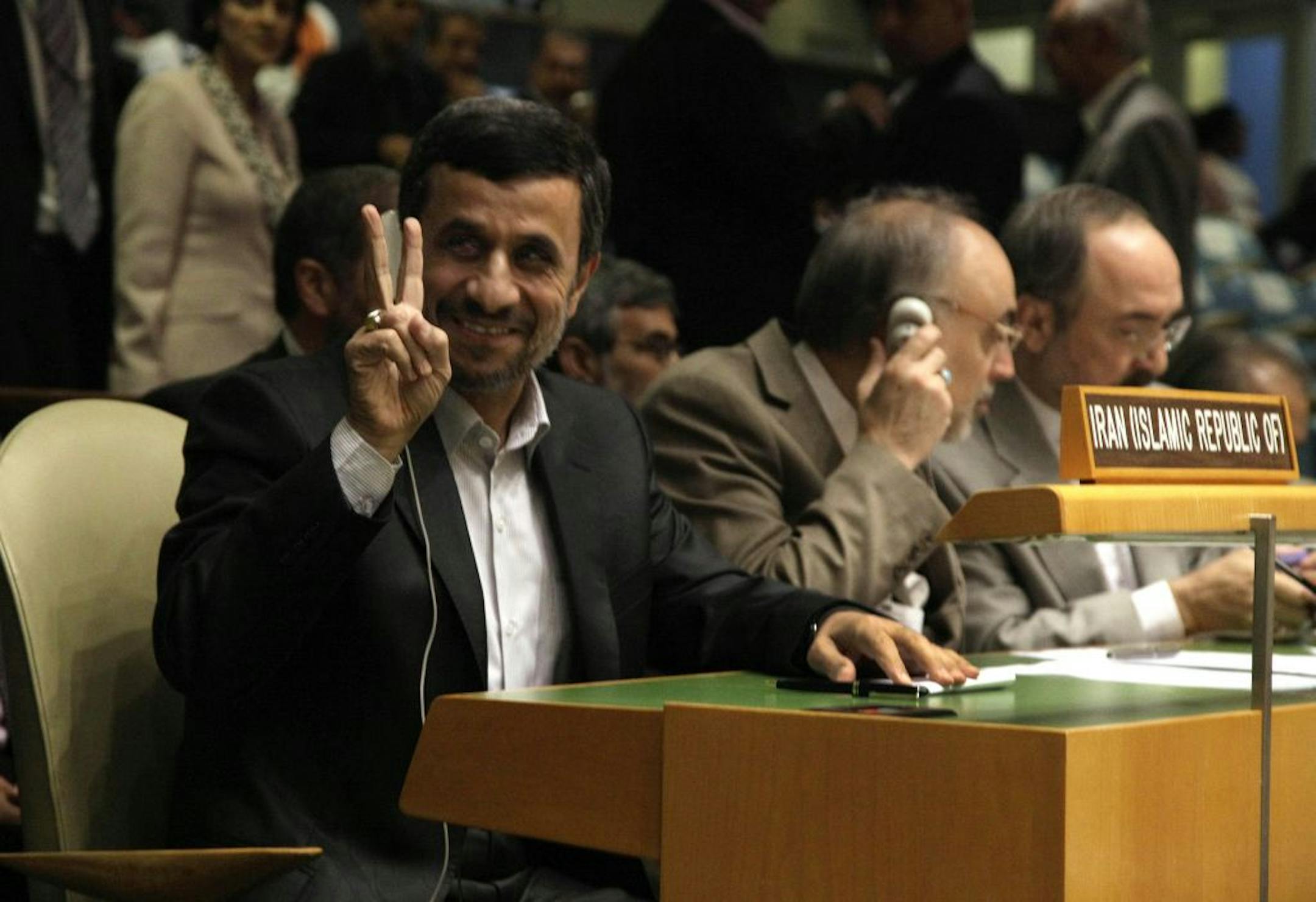 Iran's President Mahmoud Ahmadinejad gestures as he attends the high level meeting on rule of law in the United Nations General Assembly, at U.N. headquarters Monday, Sept. 24, 2012.