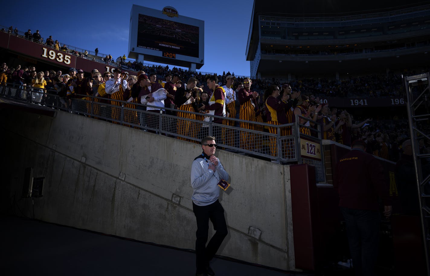 Gophers athletic director Mark Coyle walked onto the field before the start of Saturday's game against Maryland. ] Aaron Lavinsky • aaron.lavinsky@startribune.com The Gophers played the Maryland Terrapins on Saturday, Oct. 26, 2019 at TCF Bank Stadium in Minneapolis, Minn. ORG XMIT: MIN1910261821268331