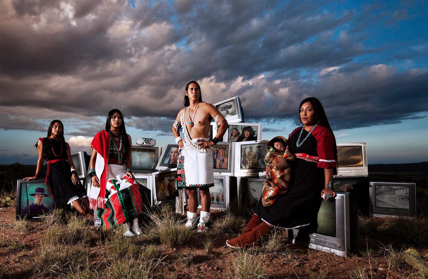 Cara Romero. Chemehuevi, born 1977. TV Indians, 2017. Archival inkjet print. 46 ' 64 1/8 in. Courtesy of the artist.