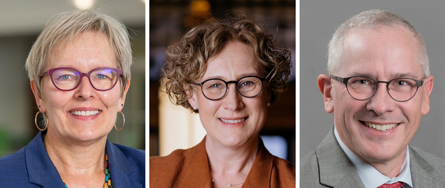 University of Minnesota presidential finalists Dr. Laura Bloomberg, Dr. Rebecca Cunningham and Dr. James Holloway.