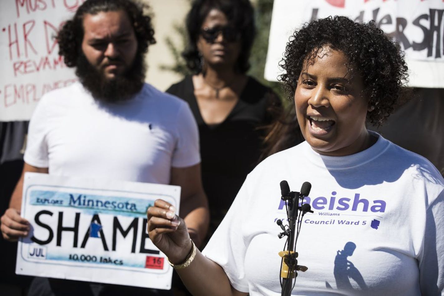 Ward 5 candidate Raeisha Williams at a protest in 2016 outside the Minneapolis Park and Recreation Board.