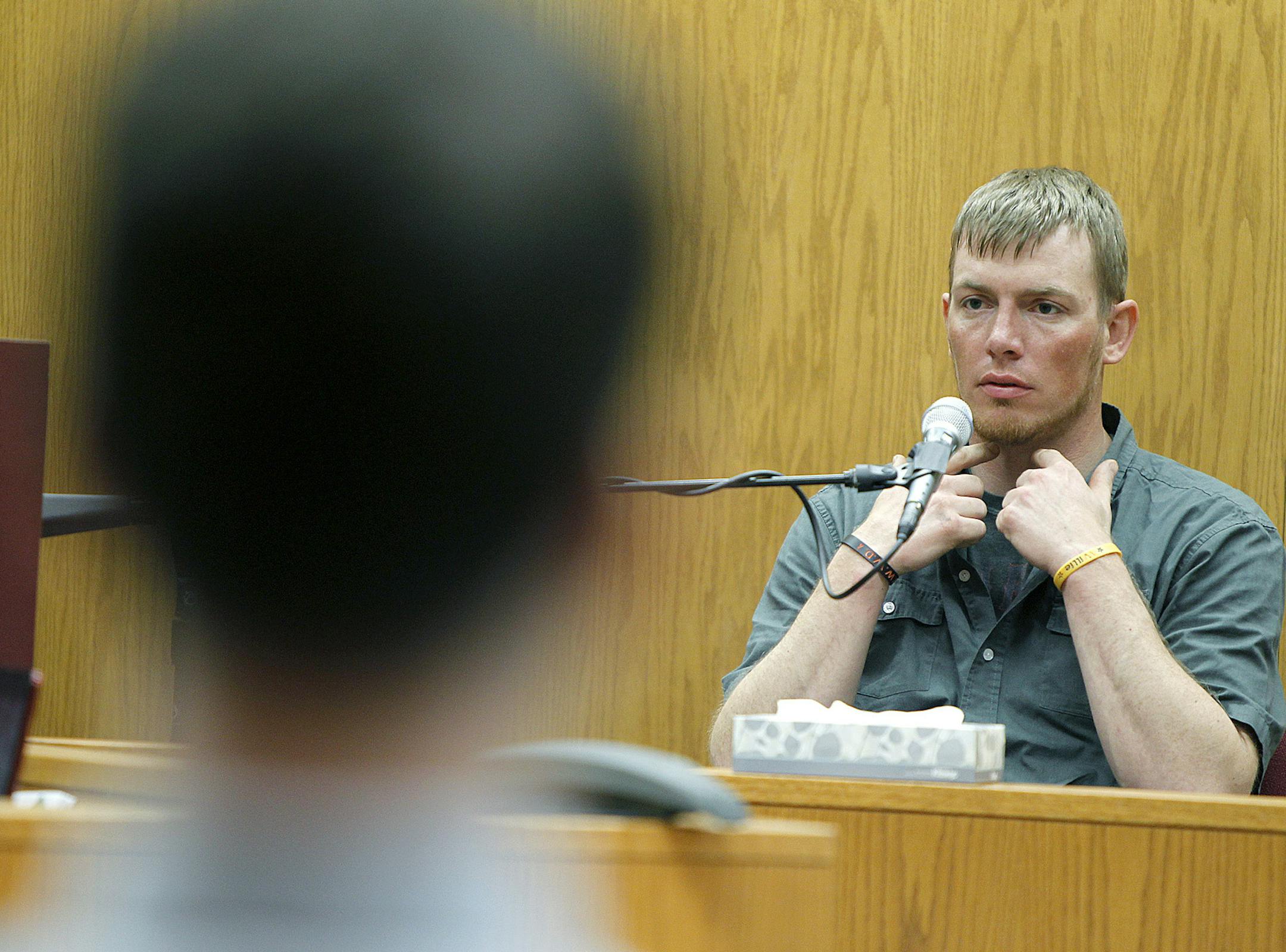 Aaron Schaffhausen's former roommate and co-worker Jeremy Michels shared about an incident when Schaffhausen choked him with a broom during the third day of the Aaron Schaffhausen trial at a St. Croix County Courtroom in Hudson, Wis., Friday, April 5, 2013. (ELIZABETH FLORES/STAR TRIBUNE) ELIZABETH FLORES • eflores@startribune.com