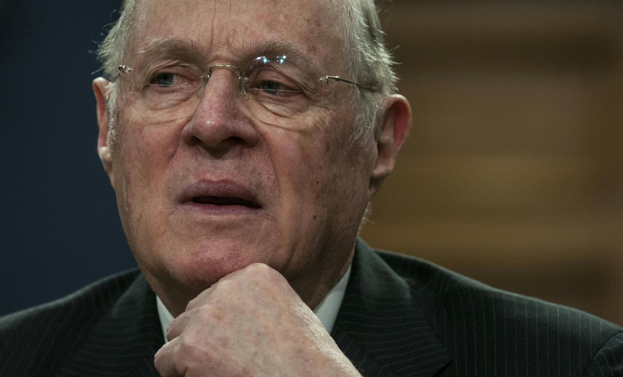 FILE -- Supreme Court Justice Anthony Kennedy speaks a hearing on Capitol Hill in Washington, March 23, 2015. Kennedy cited racial discrimination grounds in ordering Hawaiian officials to not count ballots in an election only open to native islanders, in a stay issued on Nov. 27. (Gabriella Demczuk/The New York Times)