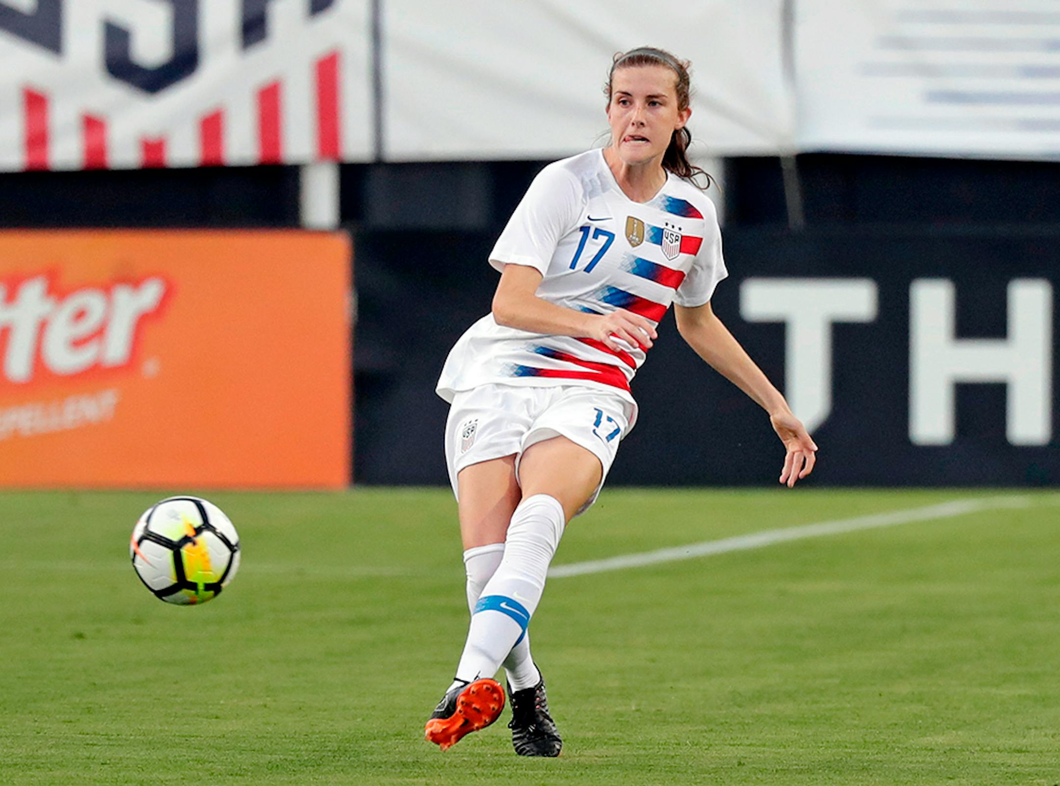 File-This April 5, 2018, file photo shows United States' Tierna Davidson moving the ball against the Mexico during the first half of an international friendly soccer match in Jacksonville, Fla. Davidson is one of the names you may not know now but very well could by the end of 2019. They figure to come up big in the new year. (AP Photo/John Raoux, File)