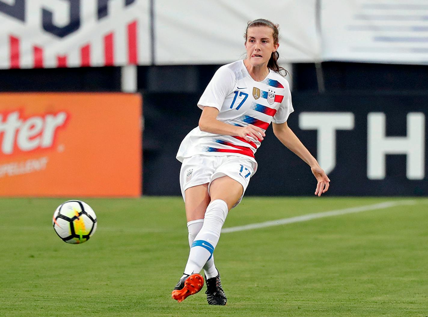 File-This April 5, 2018, file photo shows United States' Tierna Davidson moving the ball against the Mexico during the first half of an international friendly soccer match in Jacksonville, Fla. Davidson is one of the names you may not know now but very well could by the end of 2019. They figure to come up big in the new year. (AP Photo/John Raoux, File)