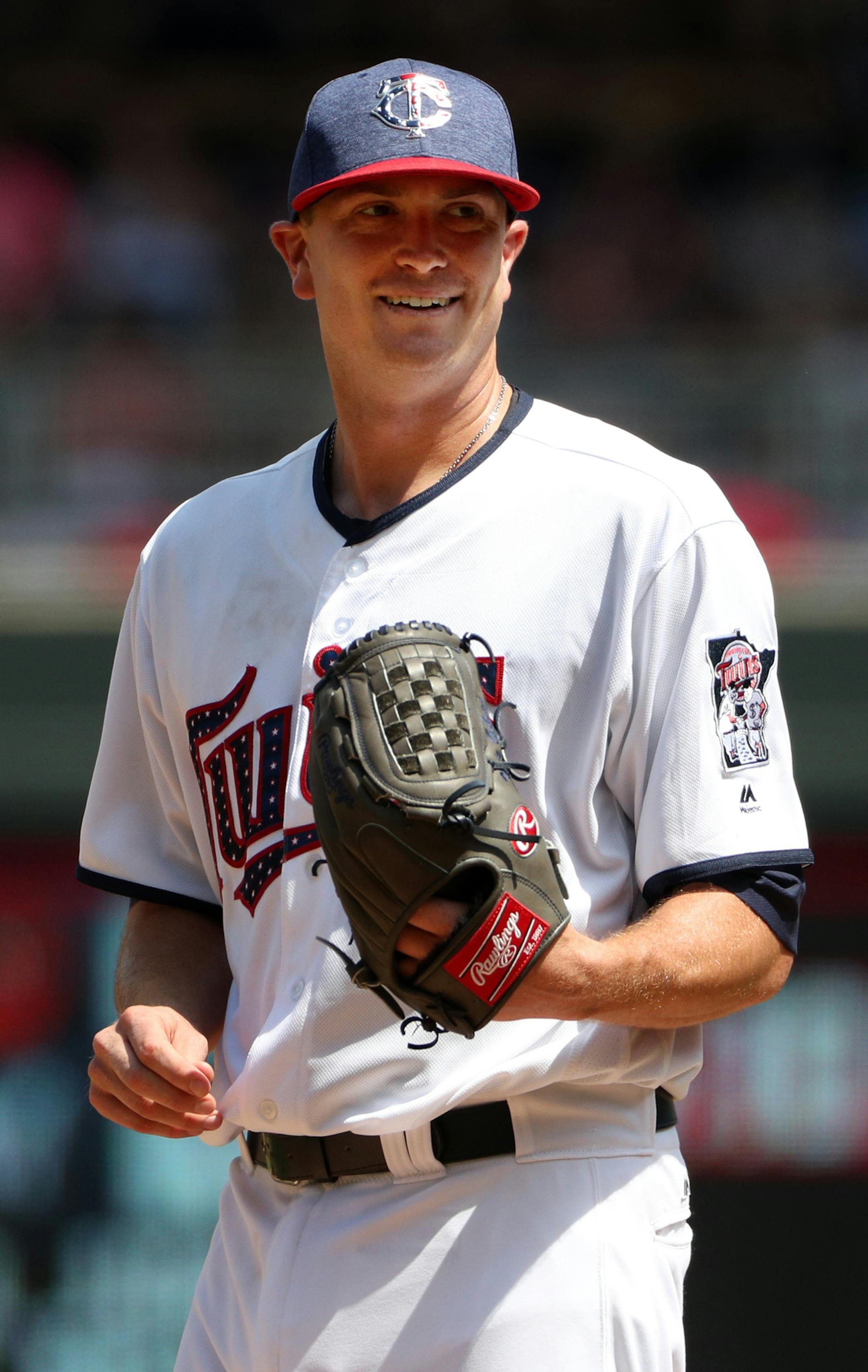 Minnesota Twins starting pitcher Kyle Gibson (44) smiled after getting an out in the fifth inning. ] ANTHONY SOUFFLE ï anthony.souffle@startribune.com Game action from an MLB game between the Minnesota Twins and the Los Angeles Angels Tuesday, July 4, 2017 at Target Field in Minneapolis.