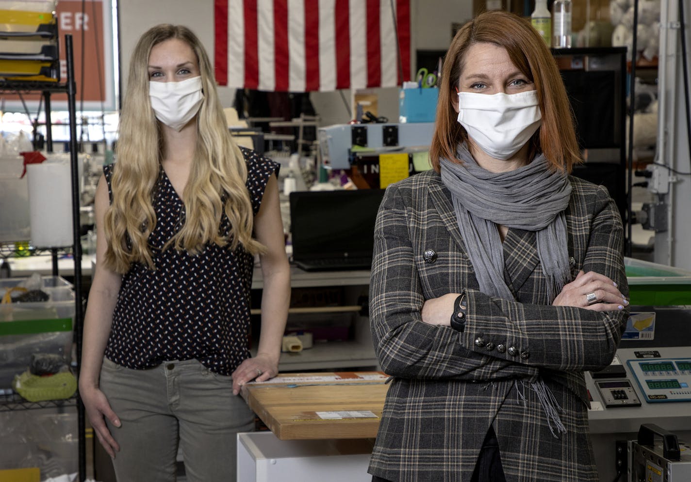 Operations manager Kellie Kronberg and President Mindy Martell at the Clothier Design Source factory in St. Paul.