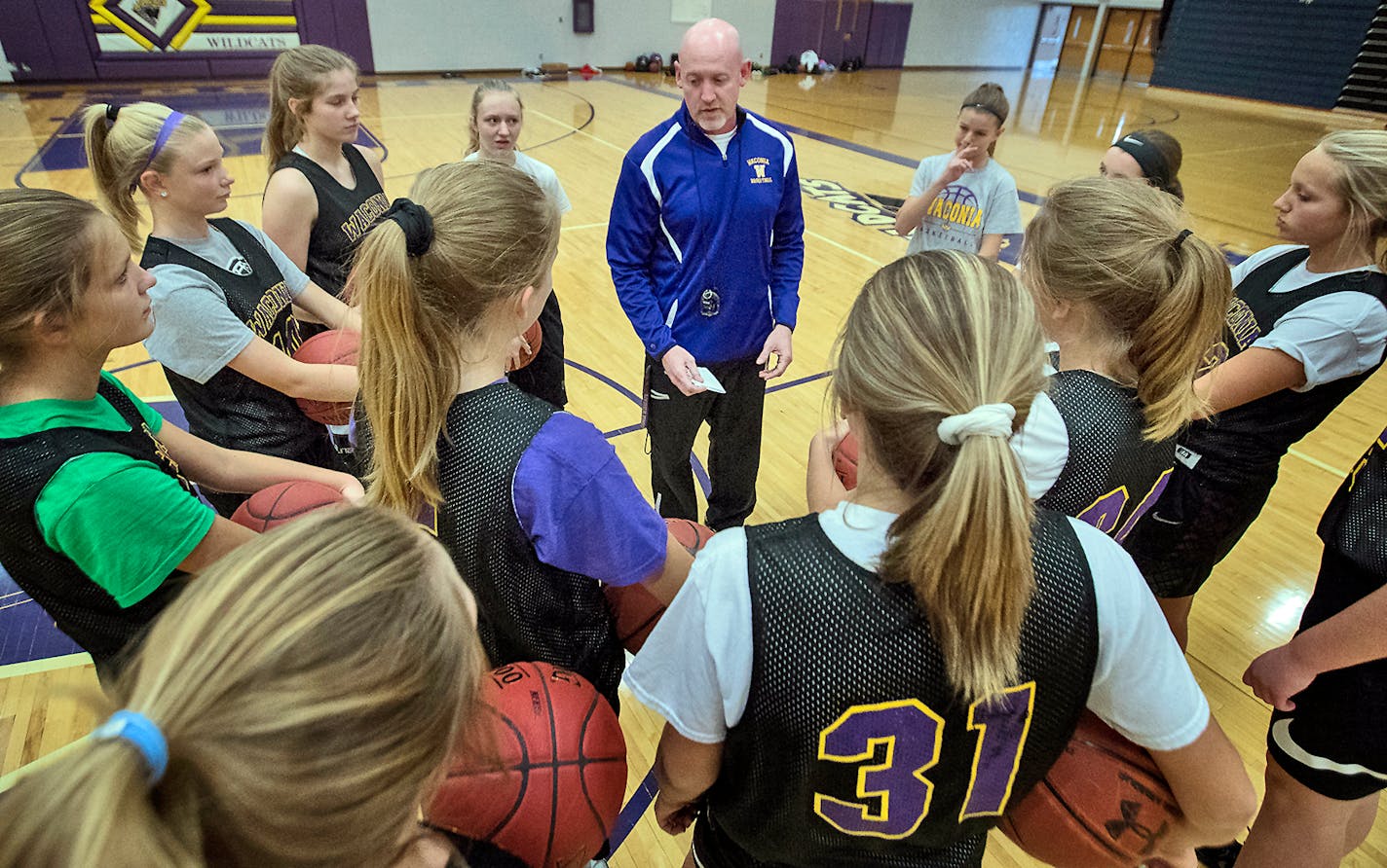 ] CARLOS GONZALEZ ï cgonzalez@startribune.com - October 8, 2017, Waconia, MN, Coach Carl Pierson, Fall League practice for Waconia girls' basketball players in 8th and 9th grade.