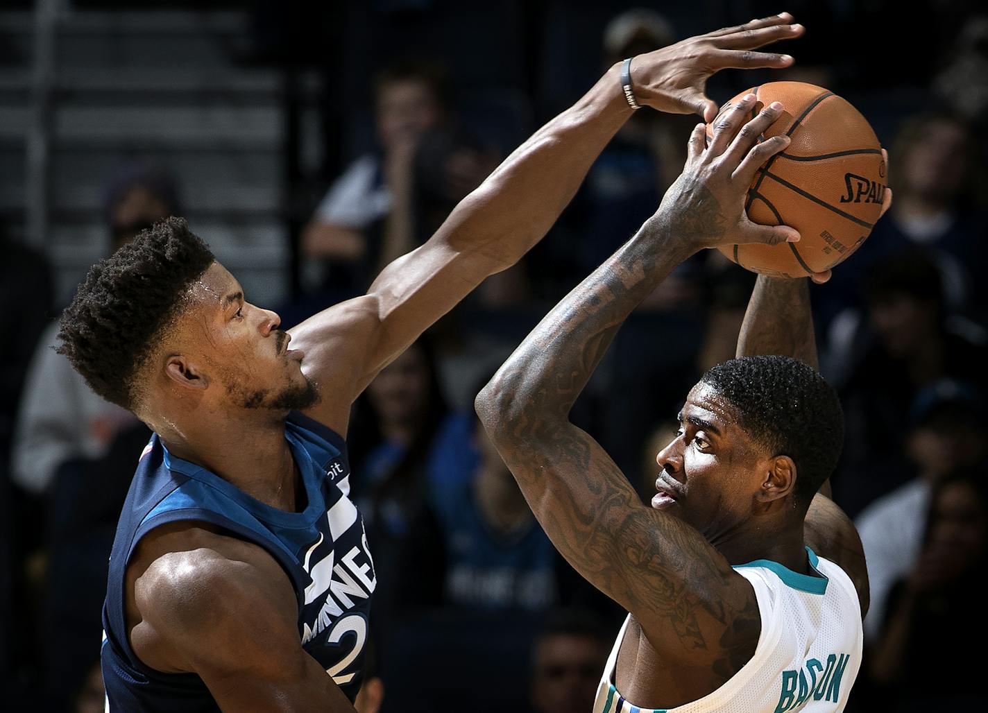 Wolves guard Jimmy Butler defended against the Hornets' Dwayne Bacon in the first quarter at Target Center on Sunday night. Butler is one of several veteran newcomers to the Wolves who have fueled the team's dramatic improvement. ] CARLOS GONZALEZ &#xef; cgonzalez@startribune.com - November 5, 2017 &#xf1; Minneapolis, MN &#xf1; Target Center, NBA, Minnesota Timberwolves vs. Charlotte Hornets