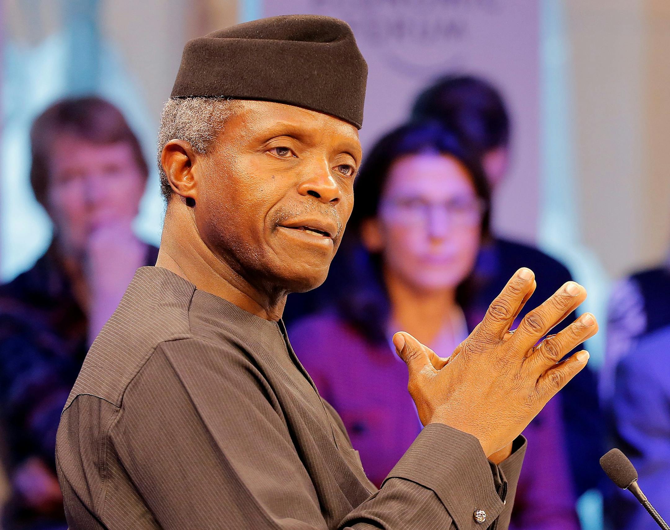 FILE- In this Tuesday, Jan.17, 2017 file photo, Nigeria's Vice President Yemi Osinbajo speaks at the World Economic Forum in Davos, Switzerland. When Nigerian President Muhammadu Buhari left for London on Jan. 19 on a month-long medical leave he handed power to Vice President Yemi Osinbajo, a 59-year-old lawyer and pastor who has been empowered to attack the country's problems with an energy that has surprised observers and led some to suggest he should stay in charge for good. (AP Photo/Michel
