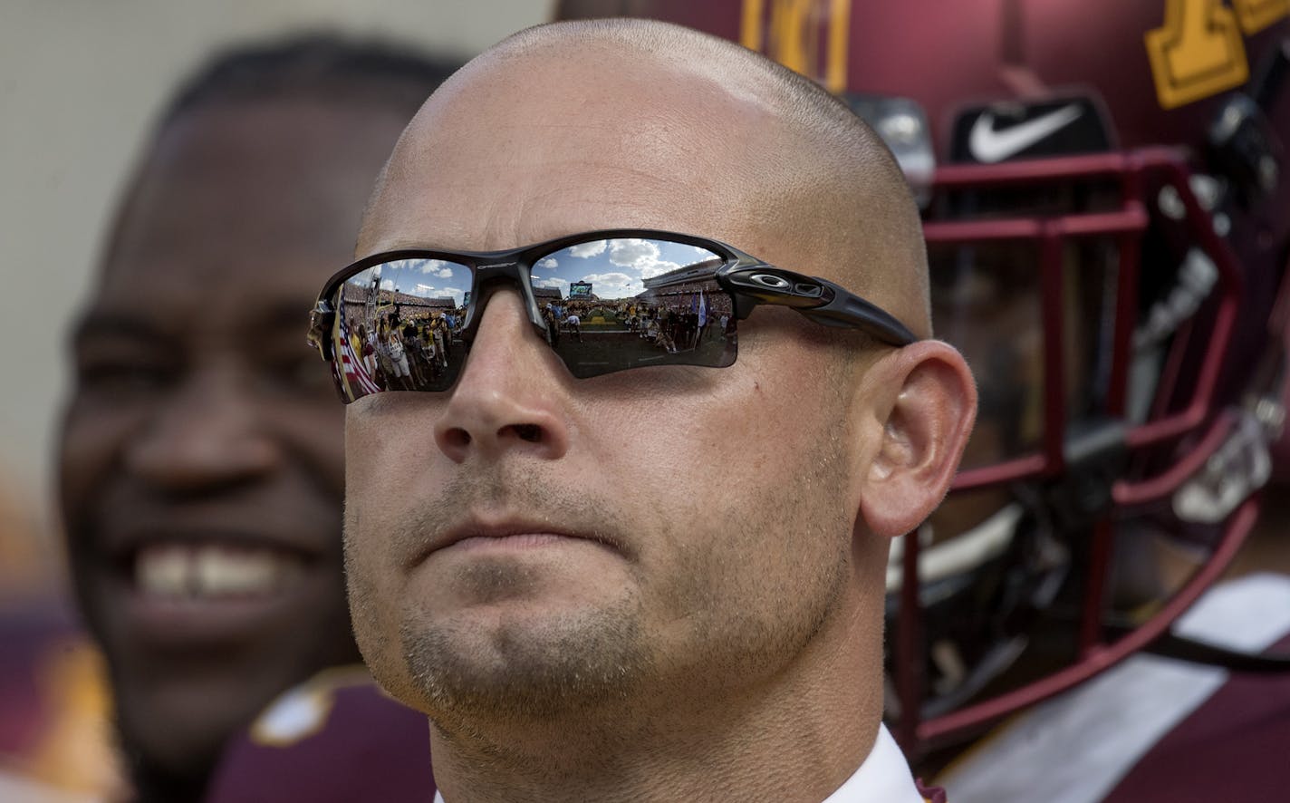 TCF Bank Stadium in reflected in P. J. Fleck's sunglasses as he took in the pre-game atmosphere before Minnesota took on Miami (Ohio), Saturday, September 15, 2018 in Minneapolis, MN. ] ELIZABETH FLORES &#xef; liz.flores@startribune.com