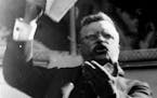 Theodore Roosevelt delivering another fiery address to a crowd of 50,000 on July 21, 1915. (AP Photo) ORG XMIT: APHS199