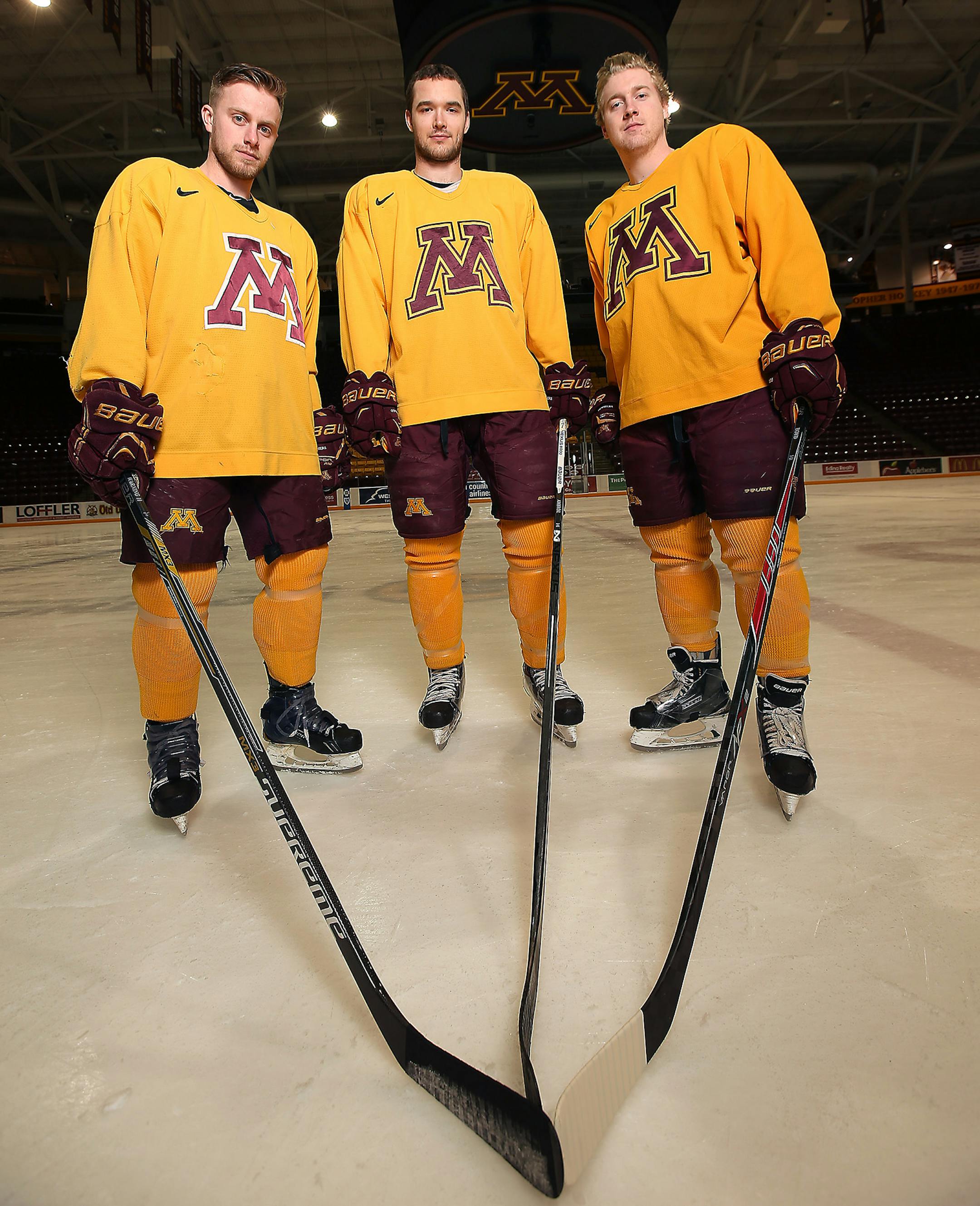 Minnesota's all-senior line from left, Travis Boyd , Seth Ambroz and Sam Warning took the ice for a photo, Wednesday, March 4, 2015 at Mariucci Arena in Minneapolis, MN. ] (ELIZABETH FLORES/STAR TRIBUNE) ELIZABETH FLORES ï eflores@startribune.com