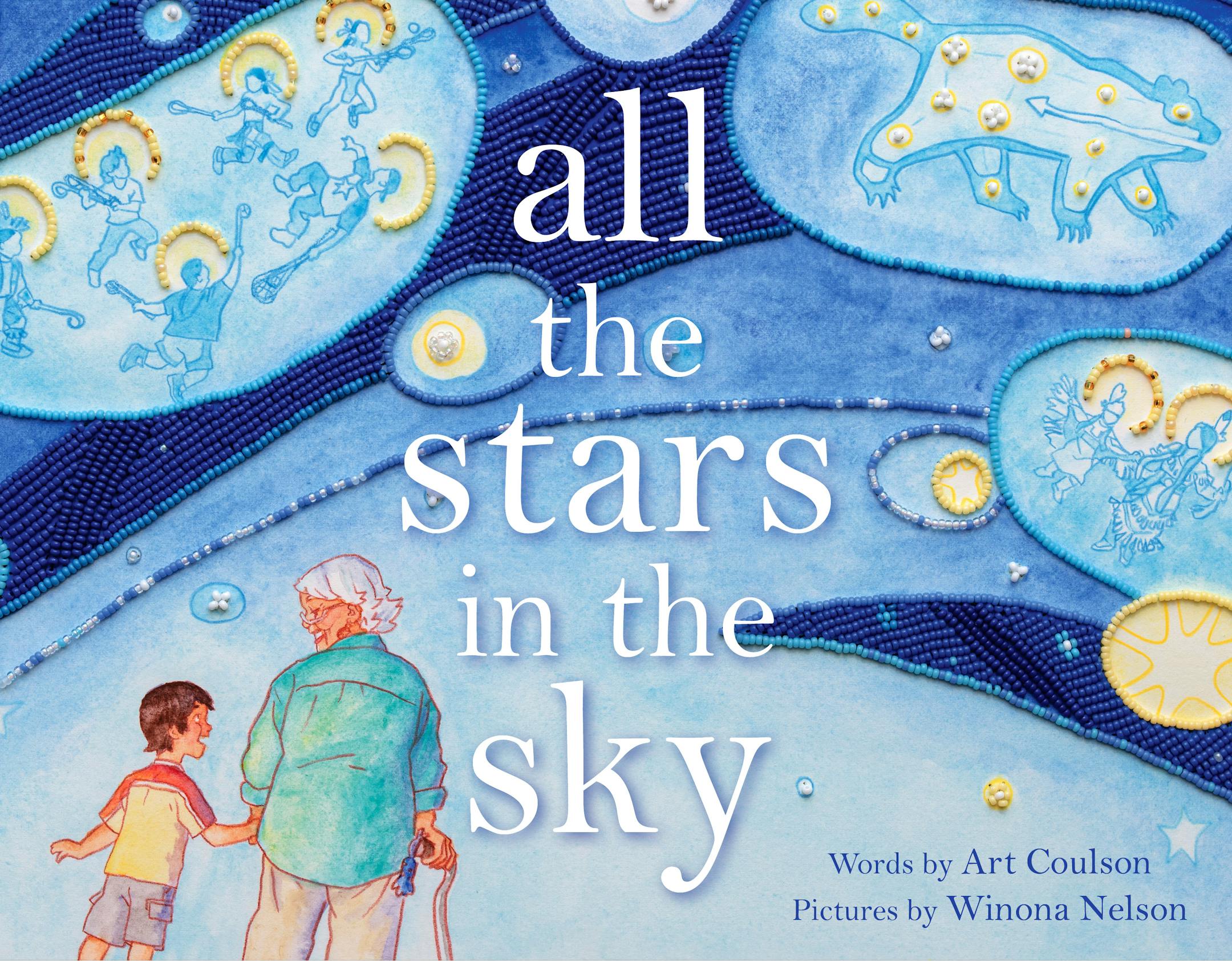 cover of All the Stars in the Sky is a drawing of an older woman and a child, looking up at constellations in the blue sky