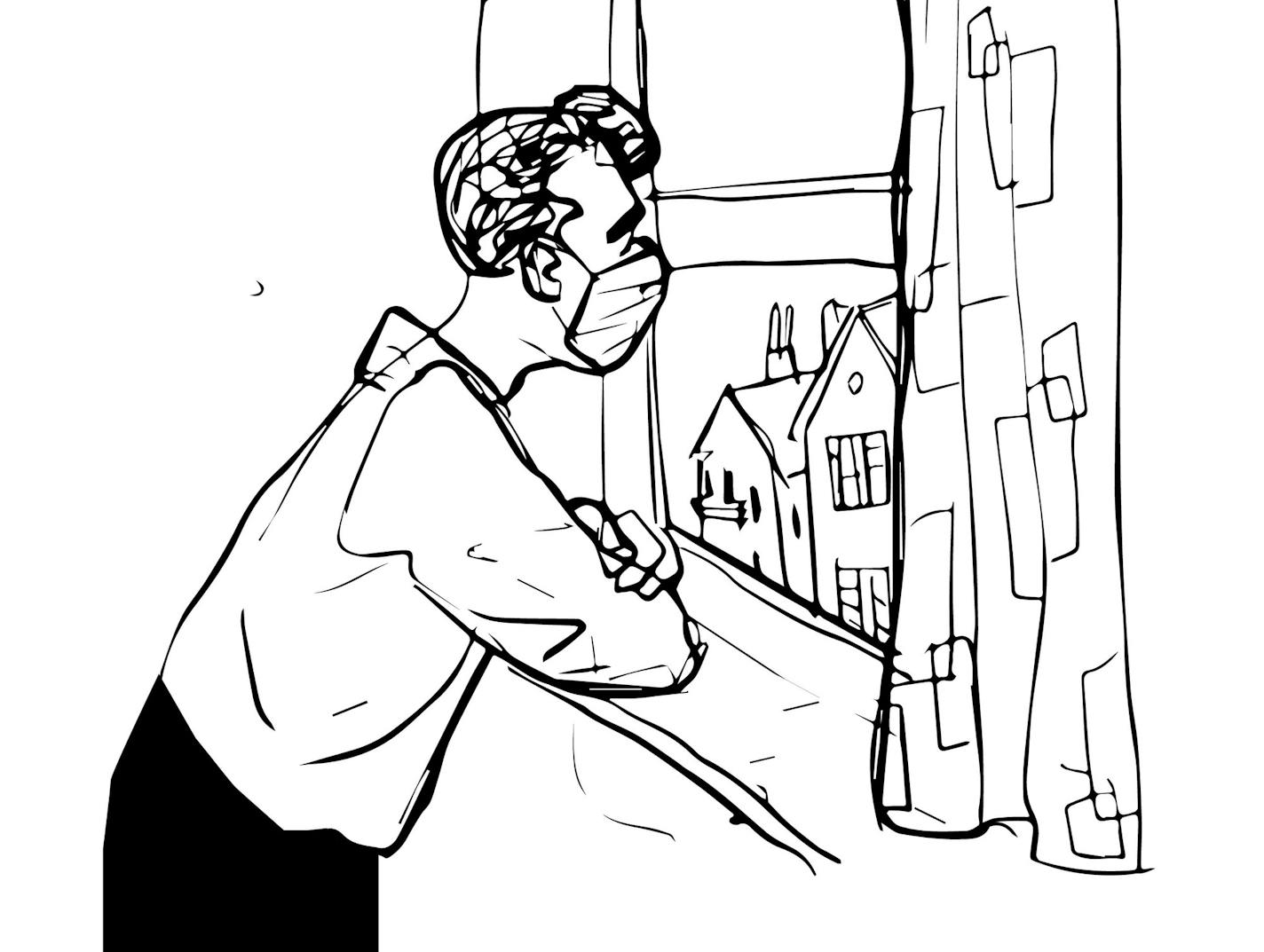 Vector illustration of a man in a quarantine wearing a face mask is looking out the window. Sketchy style.