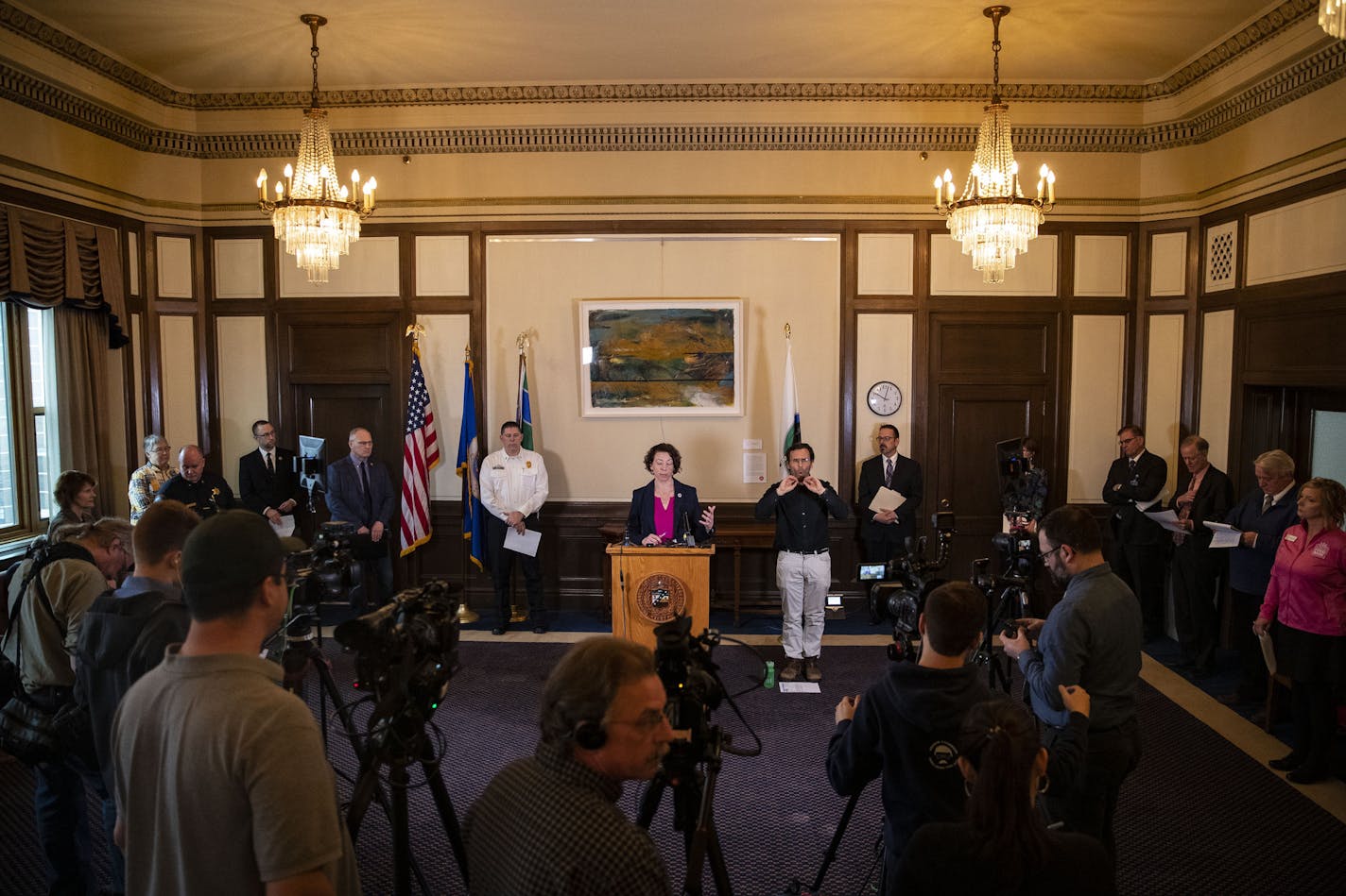 Duluth Mayor Emily Larson spoke at the press conference discussing the measures the city would be taking to slow the spread of COVID-19. The session was closed to the public and only members of the media were allowed in to encourage social distancing. ]
ALEX KORMANN &#x2022; alex.kormann@startribune.com Community leaders in Duluth, MN met at city hall on Monday March 16, 2020 to discuss measures the city would be taking to combat the spread of COVID-19. Speakers included Duluth Mayor Emily Larso