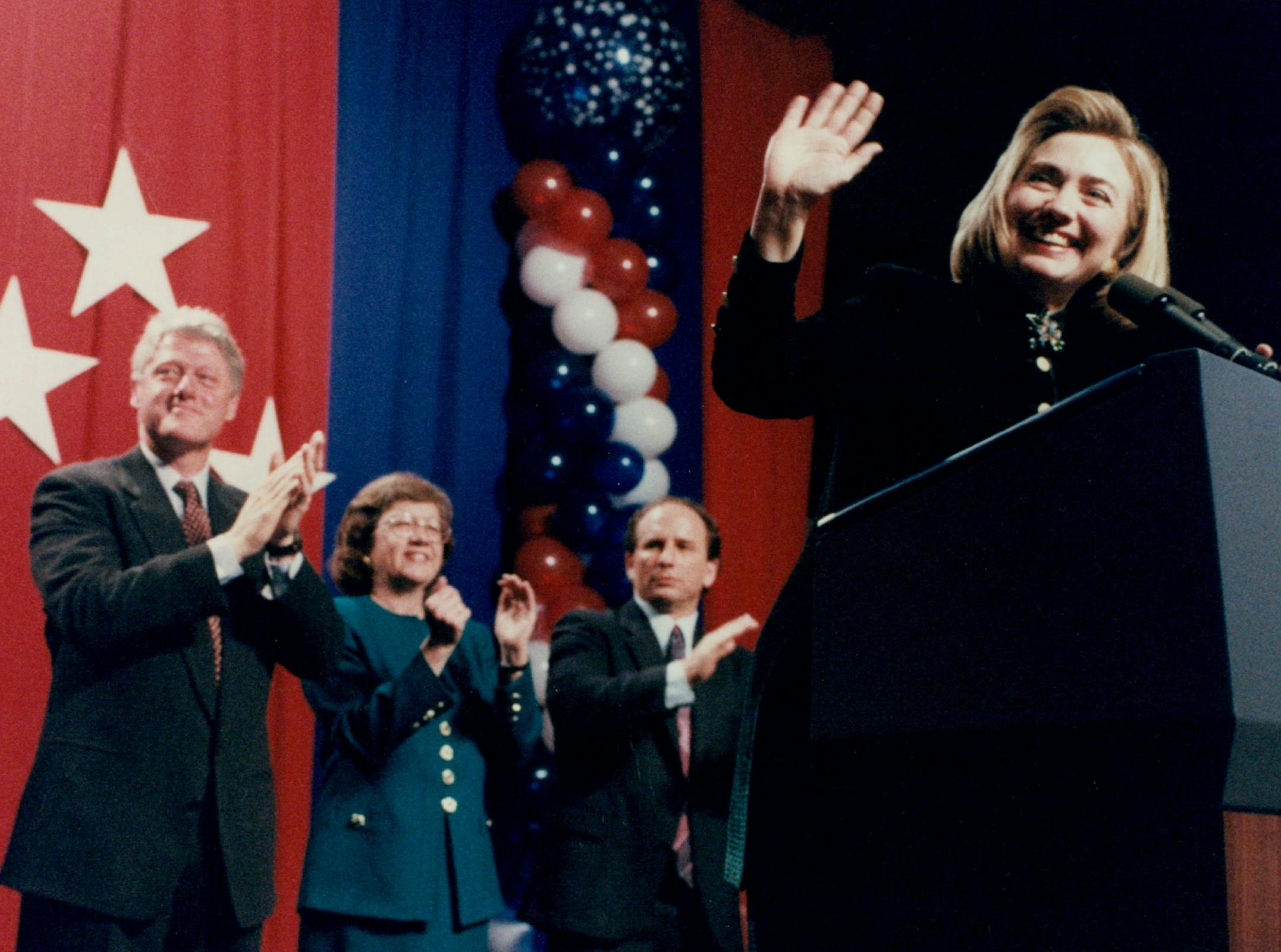 November 7, 1994: Hillary Clinton, right, waved to the crowd as Bill Clinton, Ann Wynia and Senator Paul Wellstone applauded.