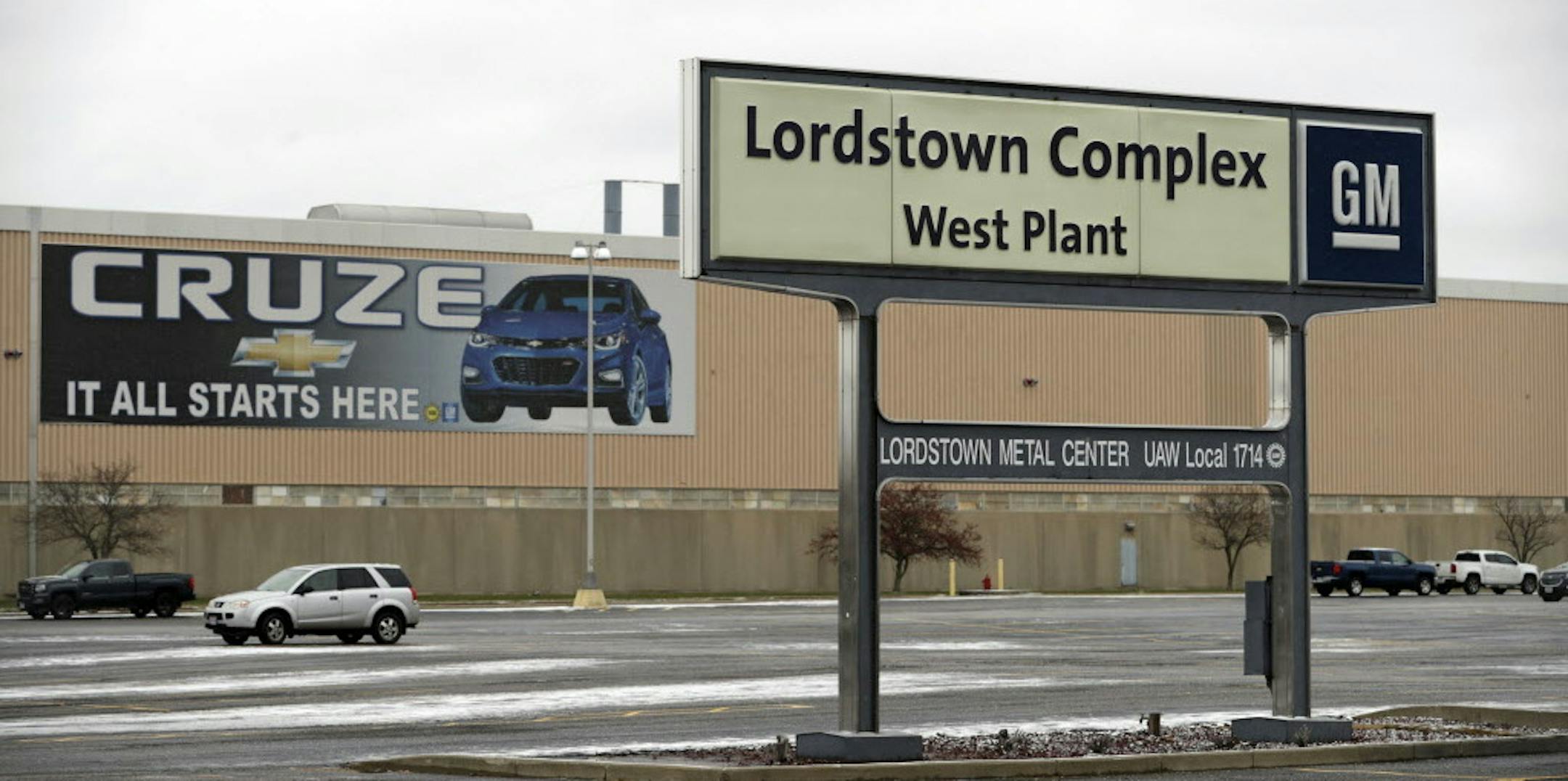 In this Nov. 27, 2018 photo, a sign is displayed at General Motors Lordstown West plant in Lordstown, Ohio. It was working-class voters who bucked the area's history as a Democratic stronghold and backed Donald Trump in 2016, helping him win the White House with promises to put American workers first and bring back disappearing manufacturing and steel jobs. Whether they stick with him after this week's GM news and other signs that the economy could be cooling will determine Trump's political fut