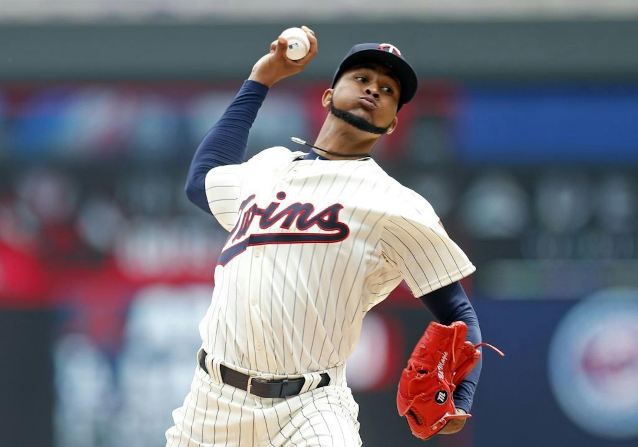 Minnesota Twins pitcher Ervin Santana throws against the Chicago White Sox in the first inning of a baseball game Saturday, April 15, 2017, in Minneapolis.