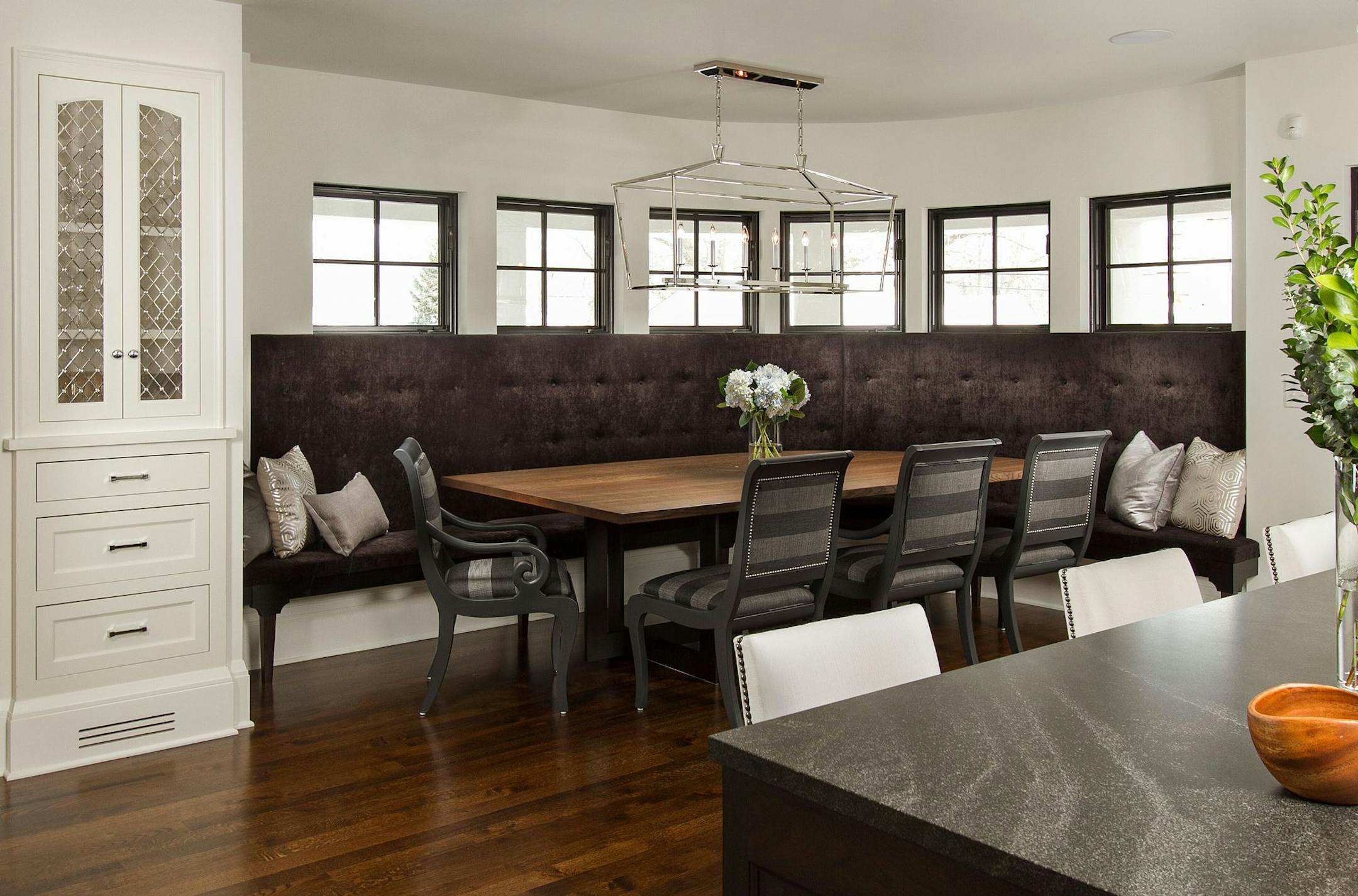 Built-in banquette in kitchen, remodeled home in Edina