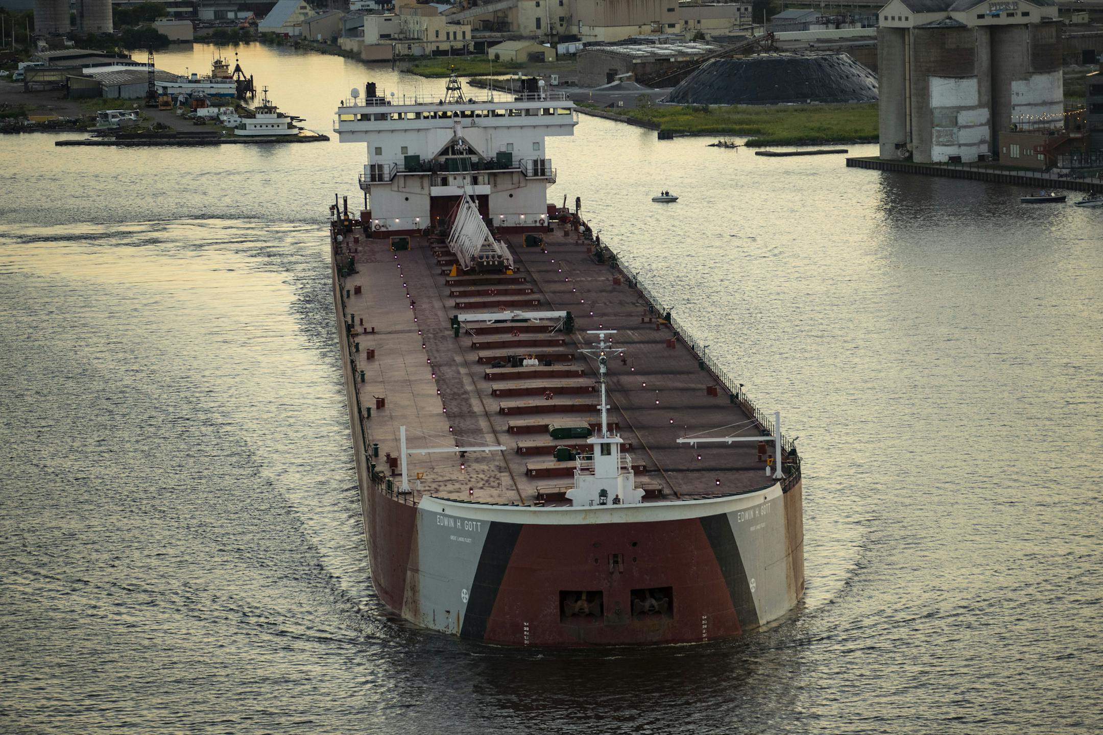 The Edwin H Gott passed under the Aerial Lift Bridge in Duluth on Tuesday evening as it began it's journey on Lake Superior to Nanticoke ,CA which sits on Lake Eerie. ] ALEX KORMANN • alex.kormann@startribune.com Despite a rebound this summer, cargo moving through the Duluth port is down 30% compared to last year. Ships passed under the Duluth Aerial Lift Bridge on Tuesday evening.