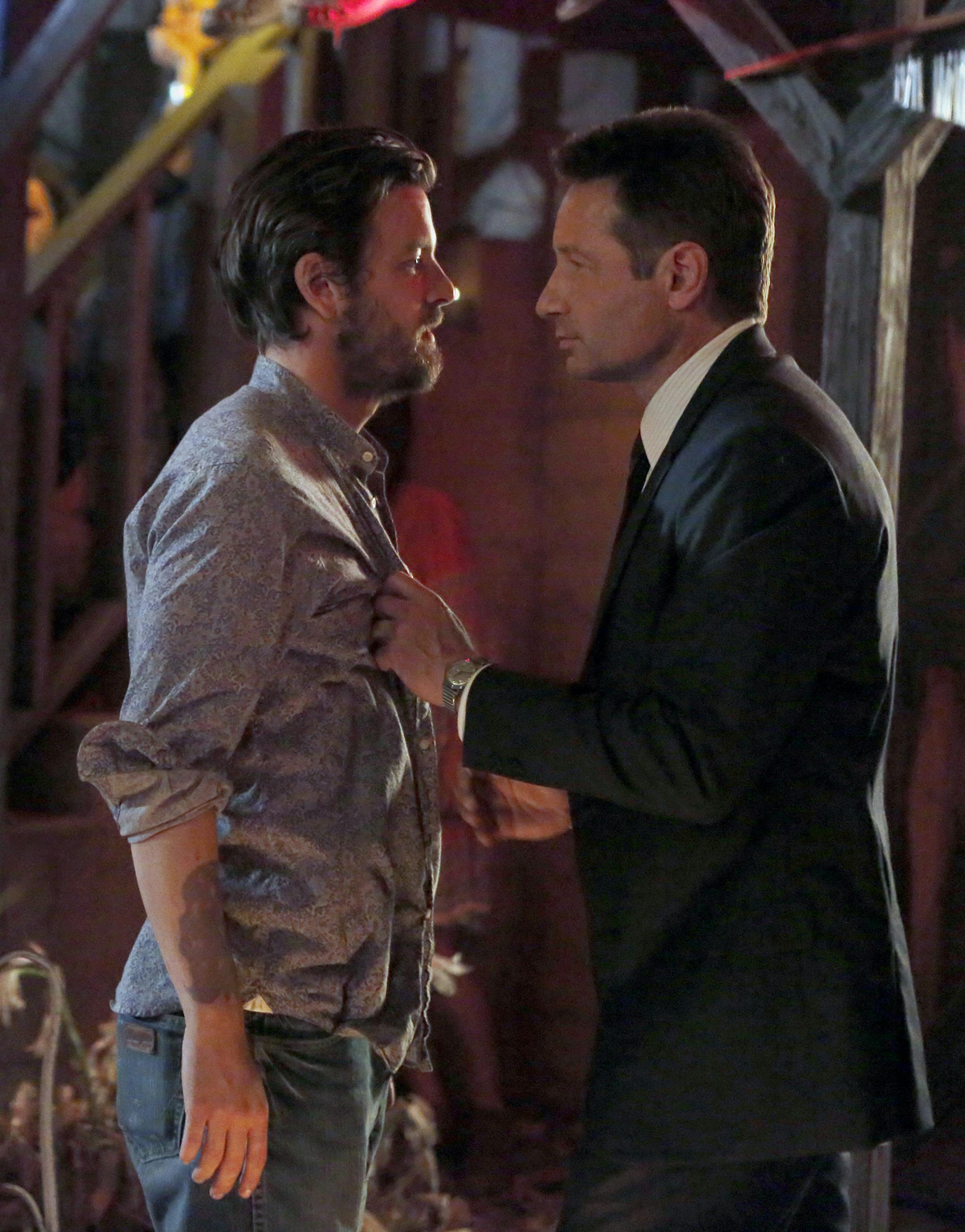 AQUARIUS -- "Home is Where You're Happy" Episode 104 -- Pictured: (l-r) Gethin Anthony as Charles Manson, David Duchovny as Sam Hodiak -- (Photo by: Vivian Zink/NBC) ORG XMIT: Season:1