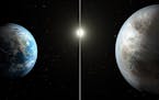 This artist's rendering made available by NASA on Thursday, July 23, 2015 shows a comparison between the Earth, left, and the planet Kepler-452b. It i